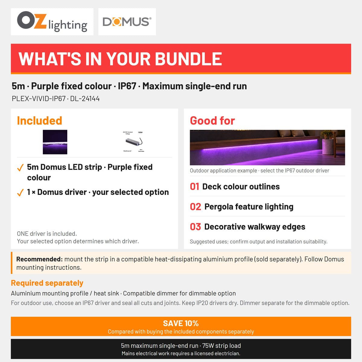 Domus PLEX Vivid 5 Metre 15W/m Purple Outdoor Strip and Driver Bundle-Domus Lighting-Ozlighting.com.au