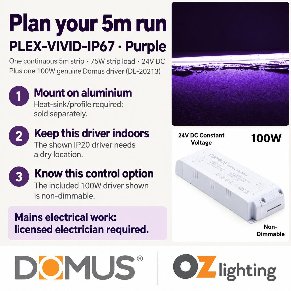 Domus PLEX Vivid 5 Metre 15W/m Purple Outdoor Strip and Driver Bundle-Domus Lighting-Ozlighting.com.au