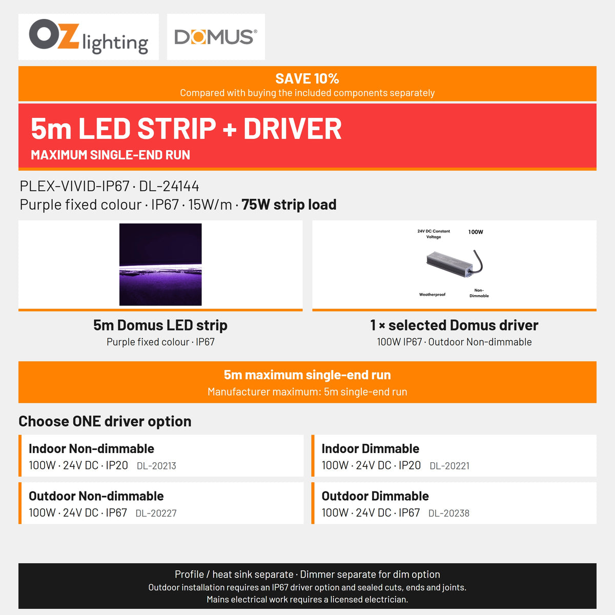Domus PLEX Vivid 5 Metre 15W/m Purple Outdoor Strip and Driver Bundle-Domus Lighting-Ozlighting.com.au