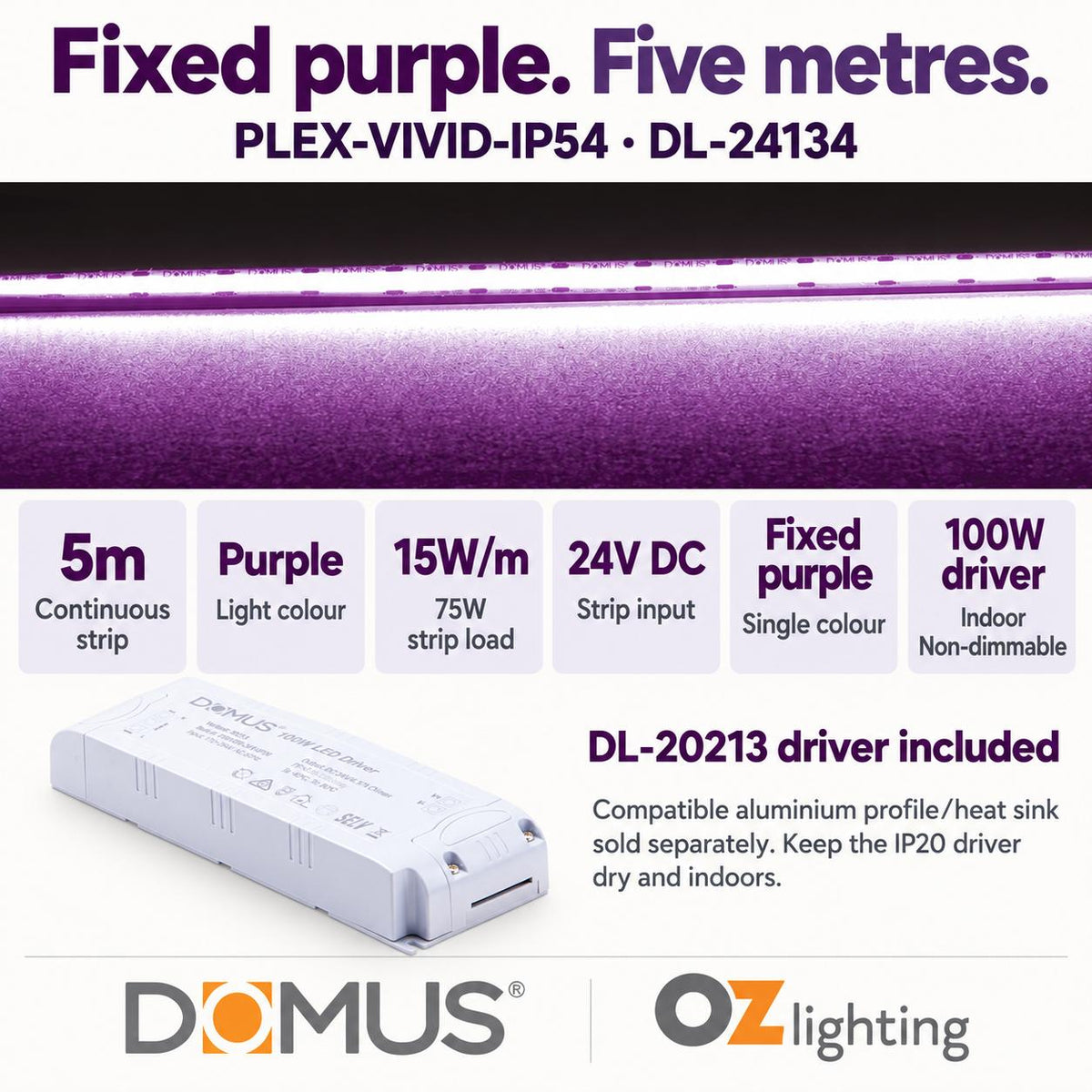 Domus PLEX Vivid 5 Metre 15W/m Purple Strip and Driver Bundle-Domus Lighting-Ozlighting.com.au