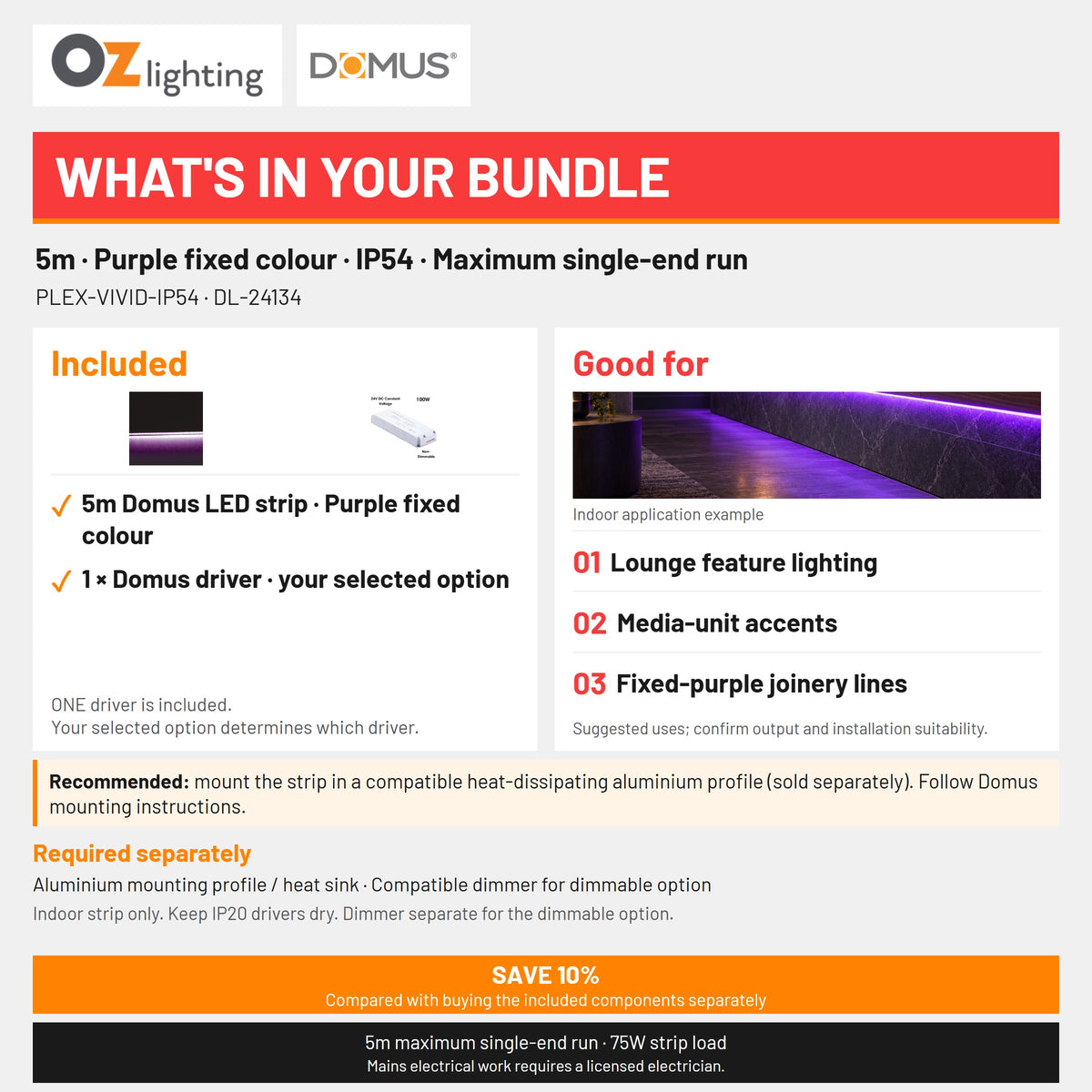 Domus PLEX Vivid 5 Metre 15W/m Purple Strip and Driver Bundle-Domus Lighting-Ozlighting.com.au