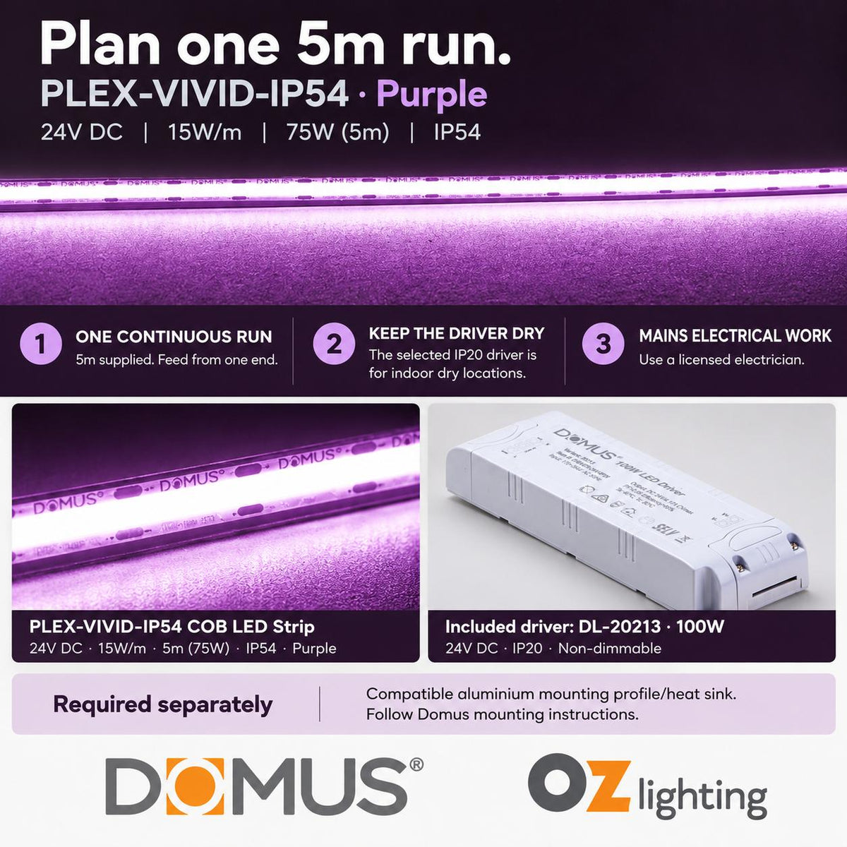 Domus PLEX Vivid 5 Metre 15W/m Purple Strip and Driver Bundle-Domus Lighting-Ozlighting.com.au