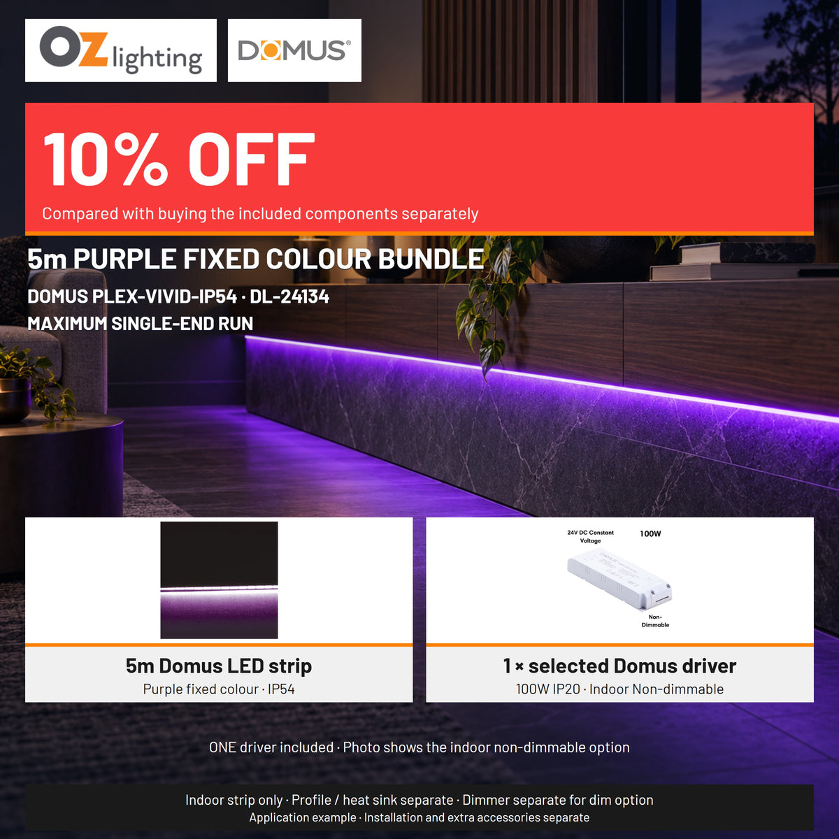 Domus PLEX Vivid 5 Metre 15W/m Purple Strip and Driver Bundle-Domus Lighting-Ozlighting.com.au