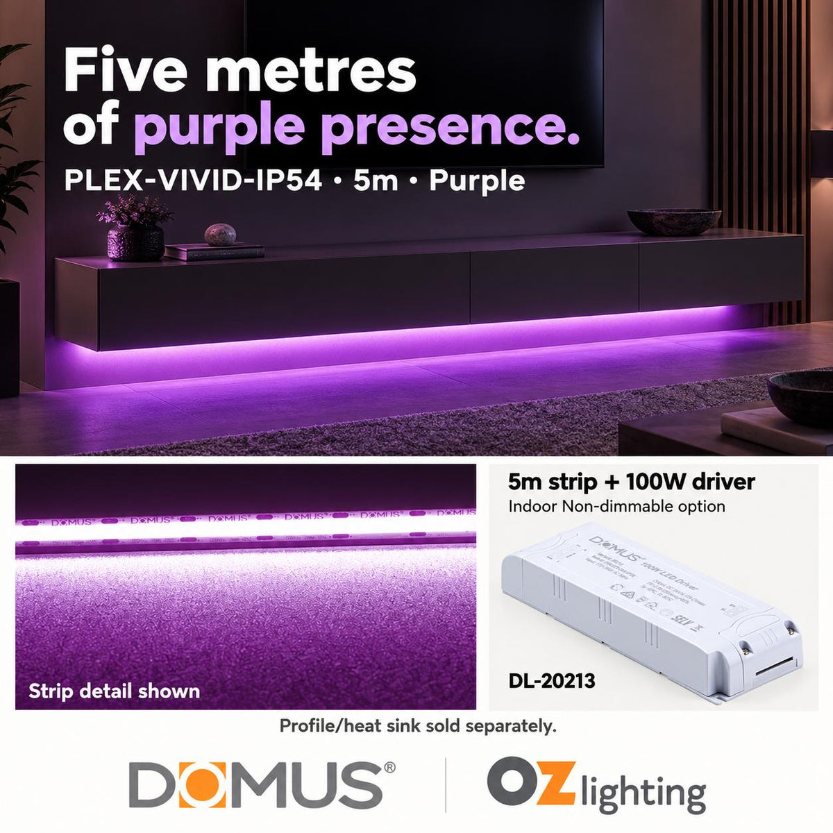 Domus PLEX Vivid 5 Metre 15W/m Purple Strip and Driver Bundle-Domus Lighting-Ozlighting.com.au