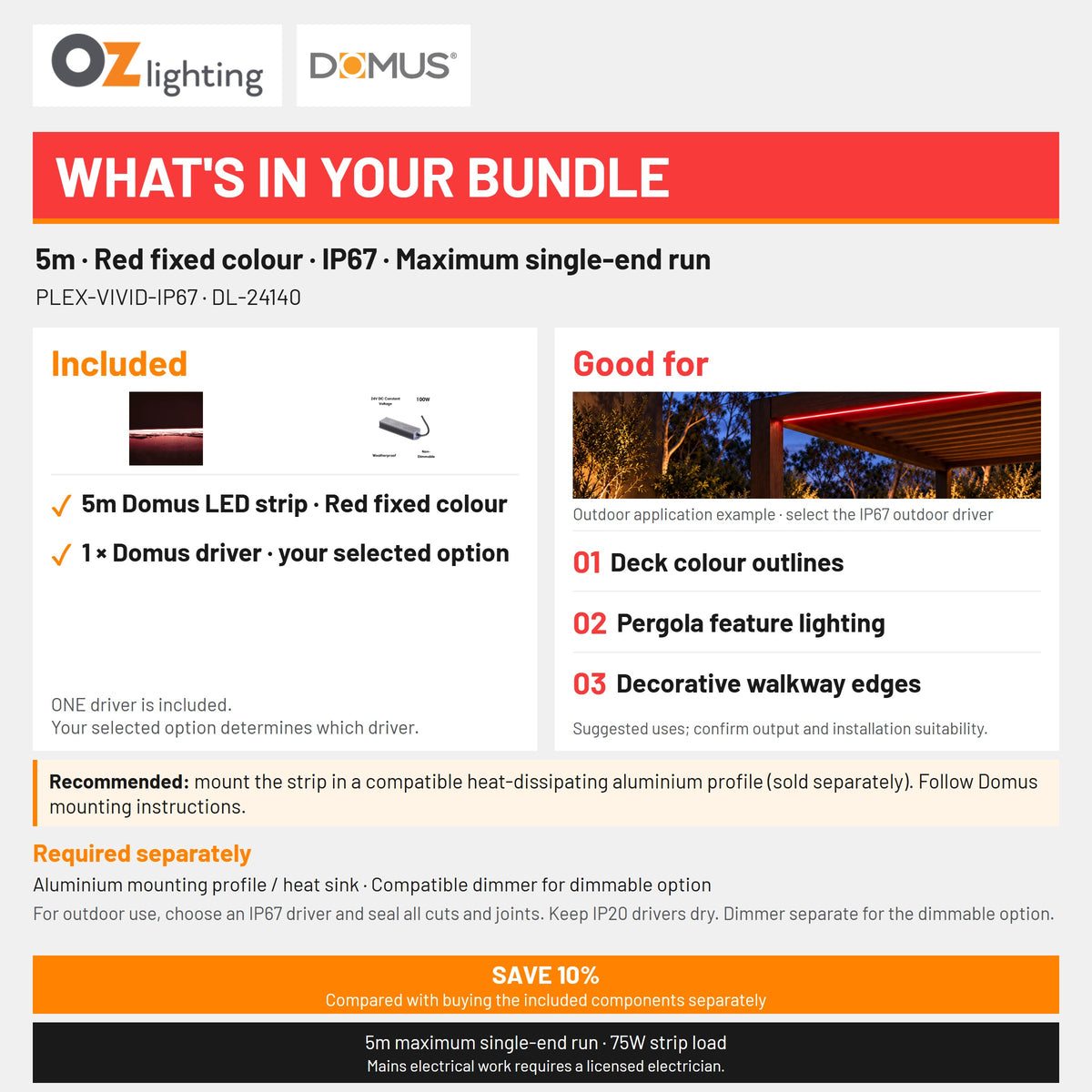Domus PLEX-VIVID-IP67 LED Strip & Driver Bundle - Red, 5m-Domus Lighting-Ozlighting.com.au