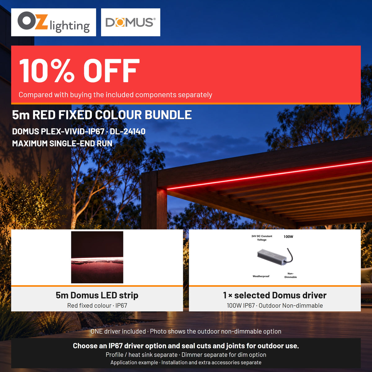Domus PLEX Vivid 5 Metre 15W/m Red Outdoor Strip and Driver Bundle-Domus Lighting-Ozlighting.com.au