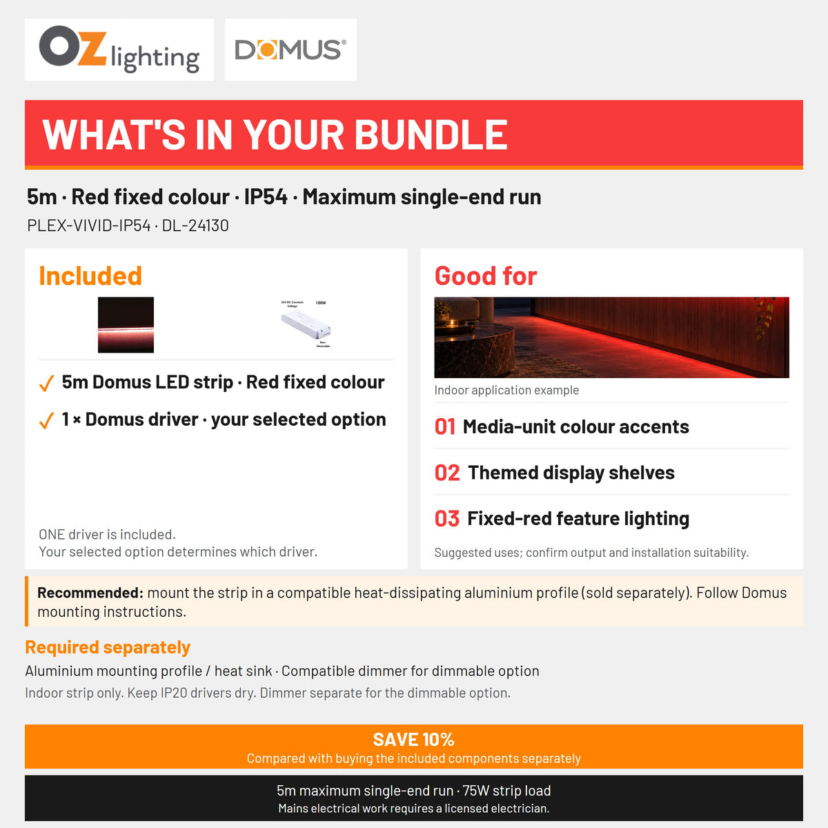 Domus PLEX-VIVID-IP54 LED Strip & Driver Bundle - Red, 5m-Domus Lighting-Ozlighting.com.au