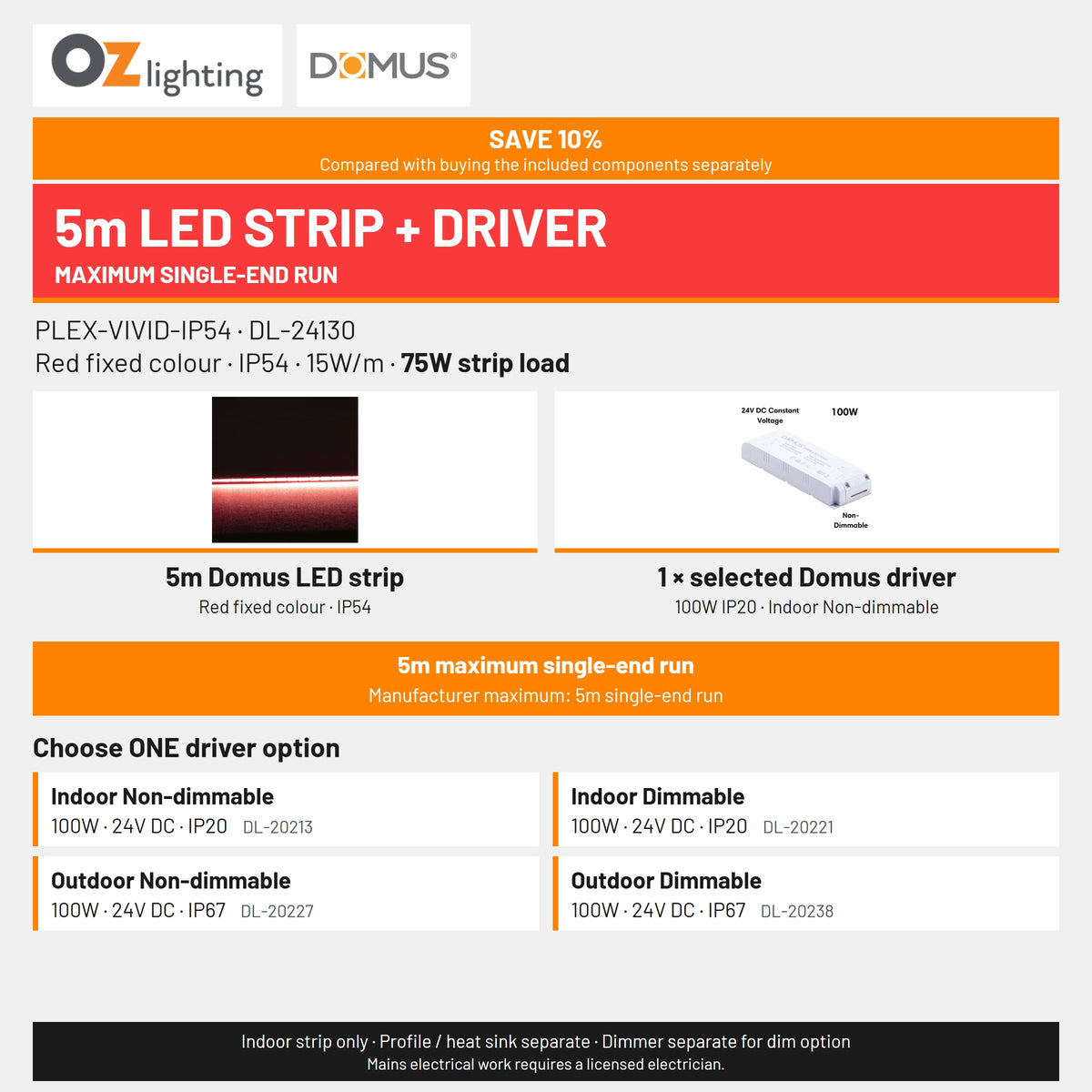 Domus PLEX Vivid 5 Metre 15W/m Red Strip and Driver Bundle-Domus Lighting-Ozlighting.com.au