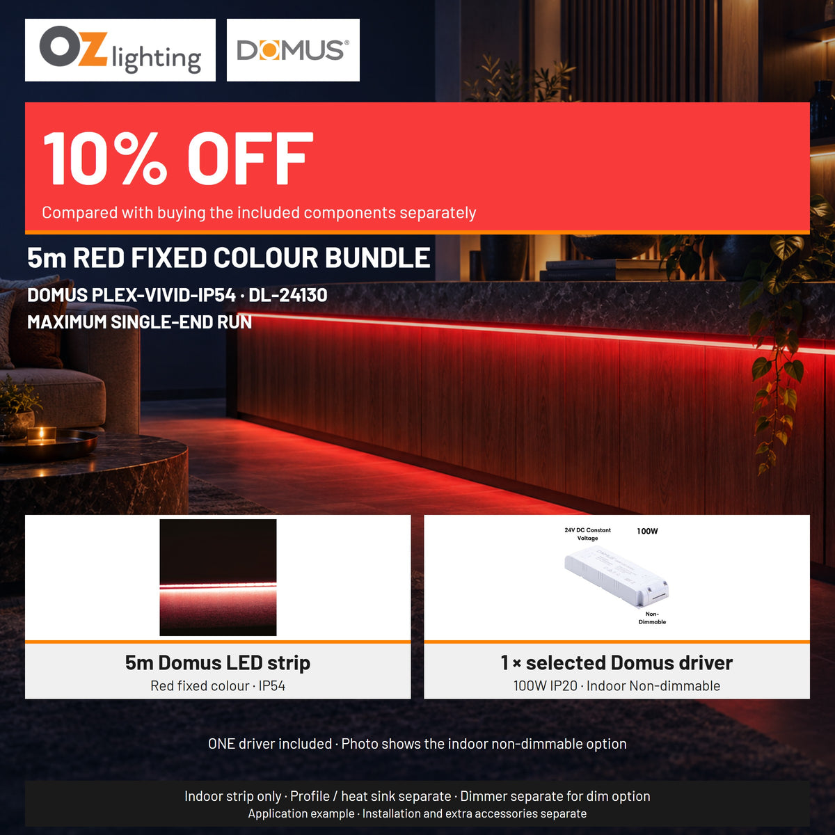 Domus PLEX-VIVID-IP54 LED Strip & Driver Bundle - Red, 5m-Domus Lighting-Ozlighting.com.au