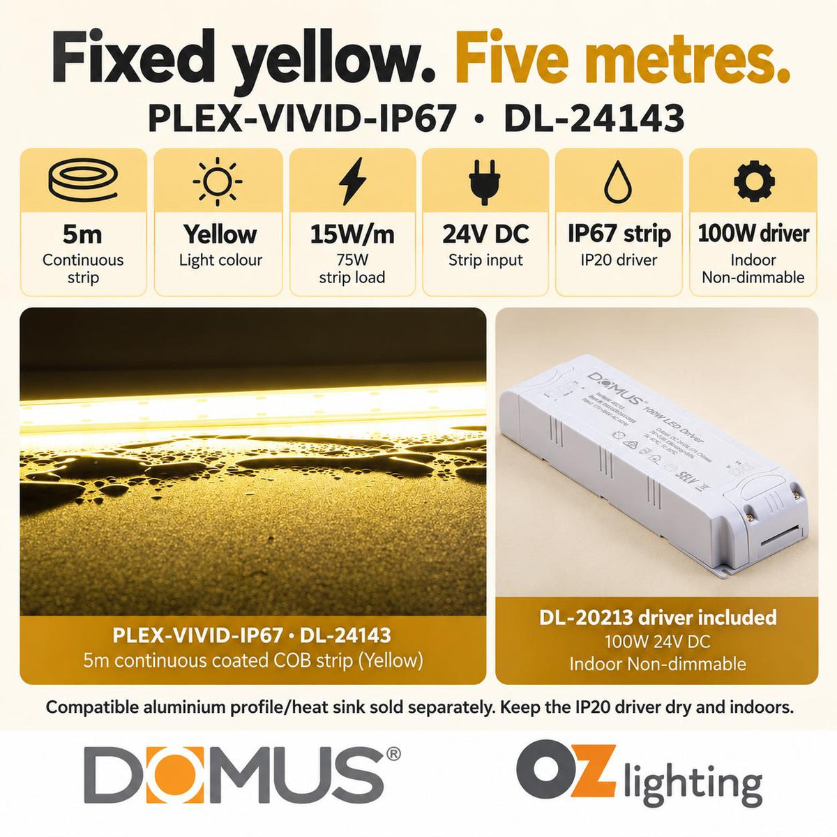 Domus PLEX Vivid 5 Metre 15W/m Yellow Outdoor Strip and Driver Bundle-Domus Lighting-Ozlighting.com.au