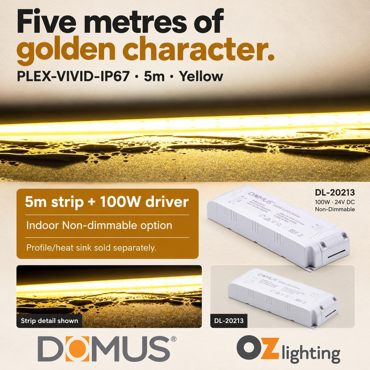 Domus PLEX Vivid 5 Metre 15W/m Yellow Outdoor Strip and Driver Bundle-Domus Lighting-Ozlighting.com.au