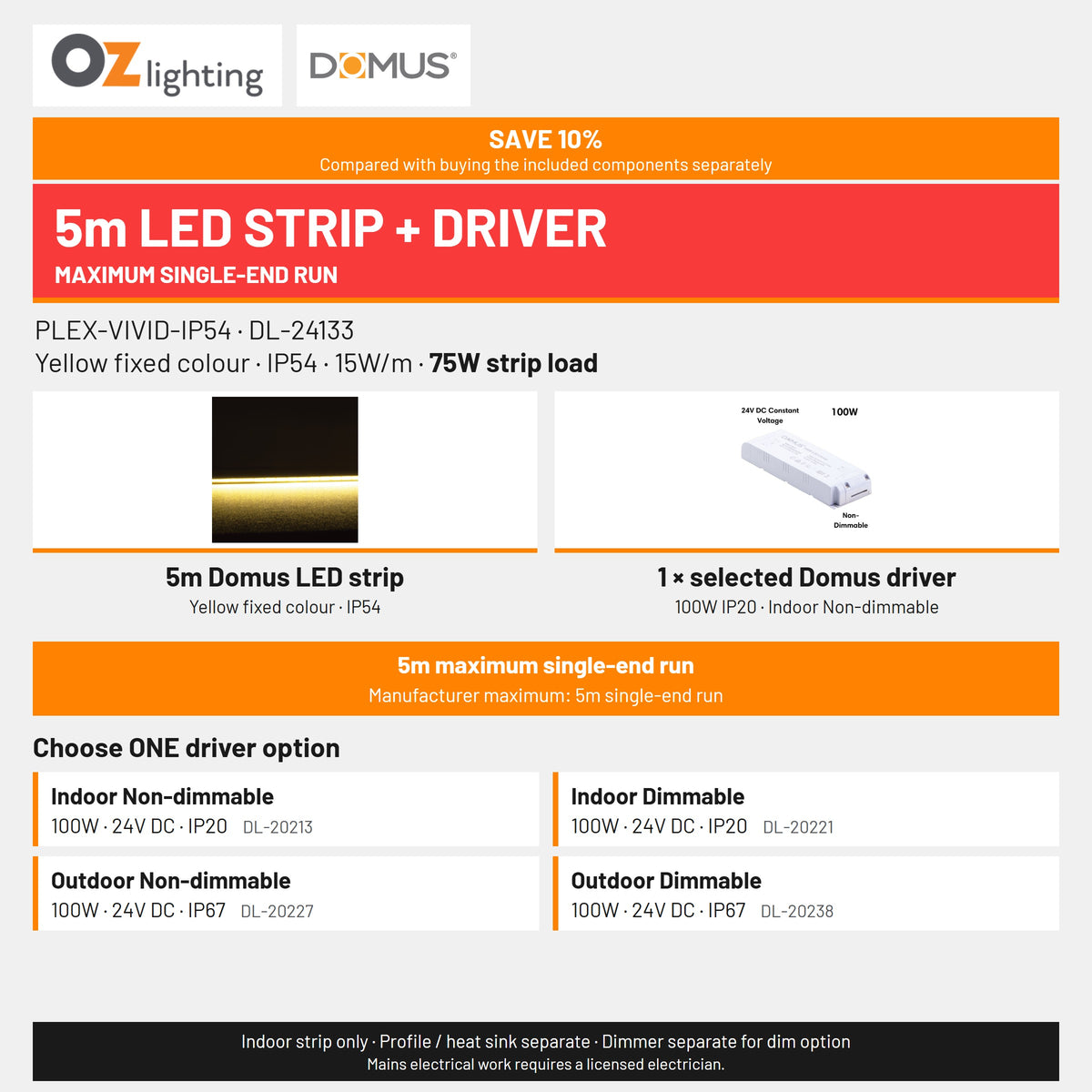 Domus PLEX-VIVID-IP54 LED Strip & Driver Bundle - Yellow, 5m-Domus Lighting-Ozlighting.com.au