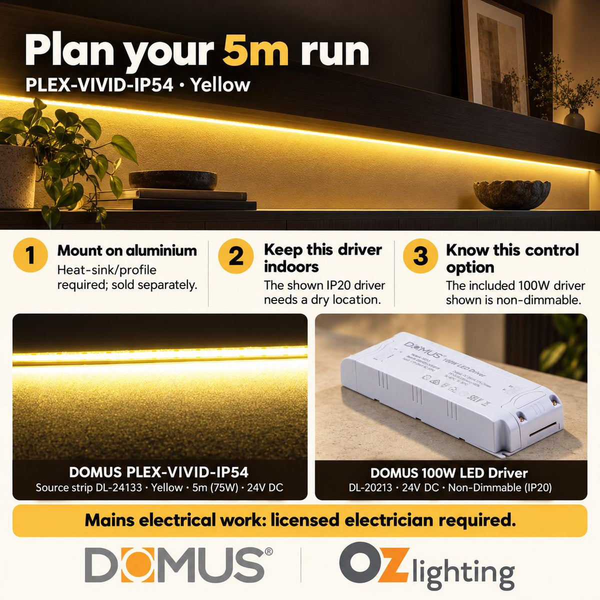 Domus PLEX Vivid 5 Metre 15W/m Yellow Strip and Driver Bundle-Domus Lighting-Ozlighting.com.au