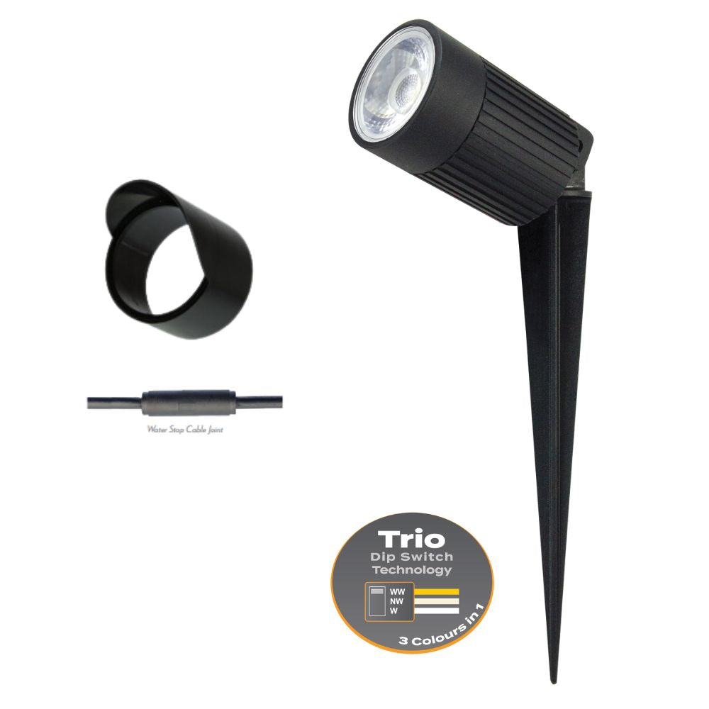 Domus ZOOM-PRO-12 LED Garden Spike Light - 12W, 12/24V, Tri-Colour, Black - DRIVER REQUIRED-Domus Lighting-Ozlighting.com.au