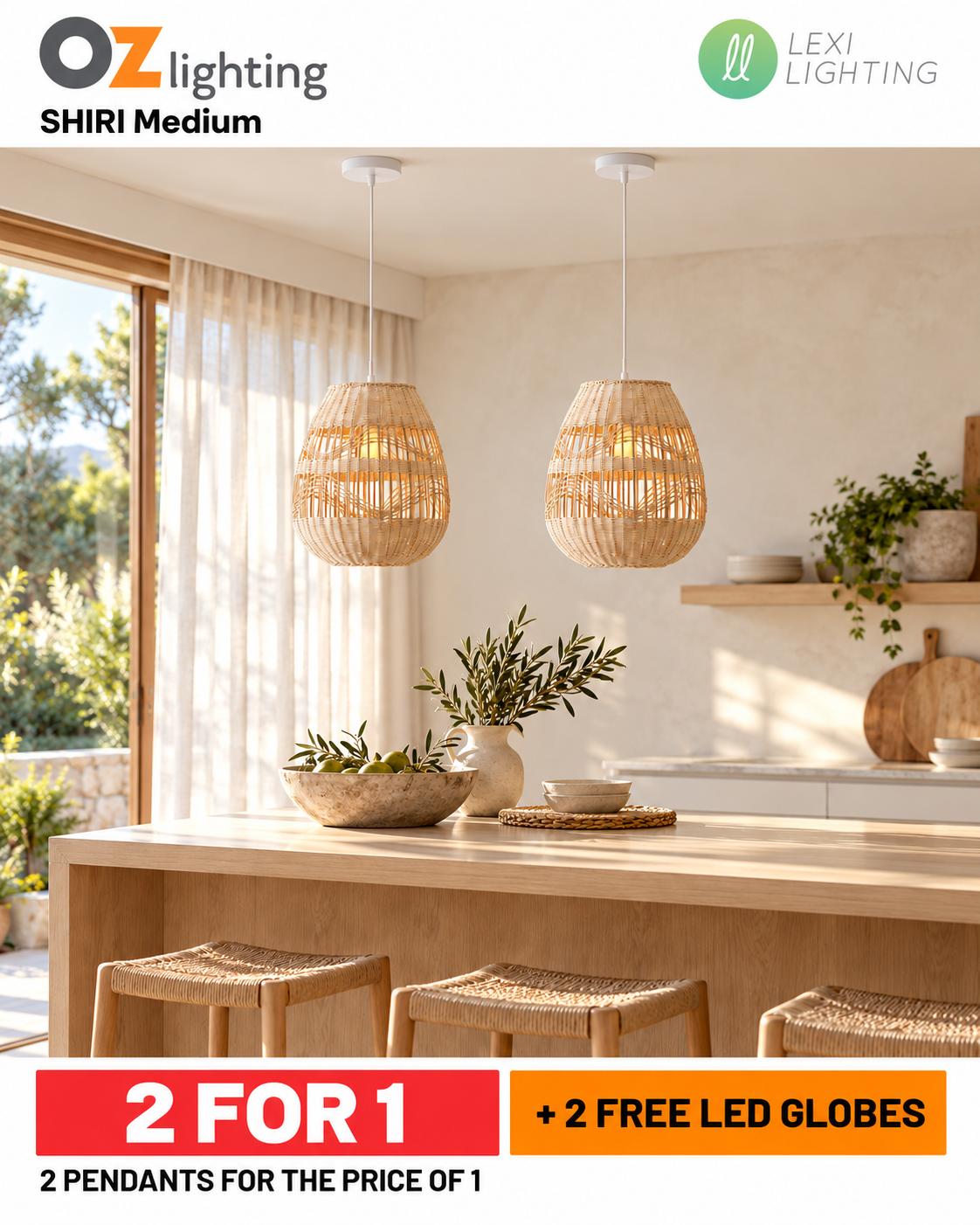 Lexi SHIRI - 1 Light Rattan Pendant - Medium — 2 Pendants for the Price of 1 + 2 FREE LED Globes-Lexi Lighting-Ozlighting.com.au