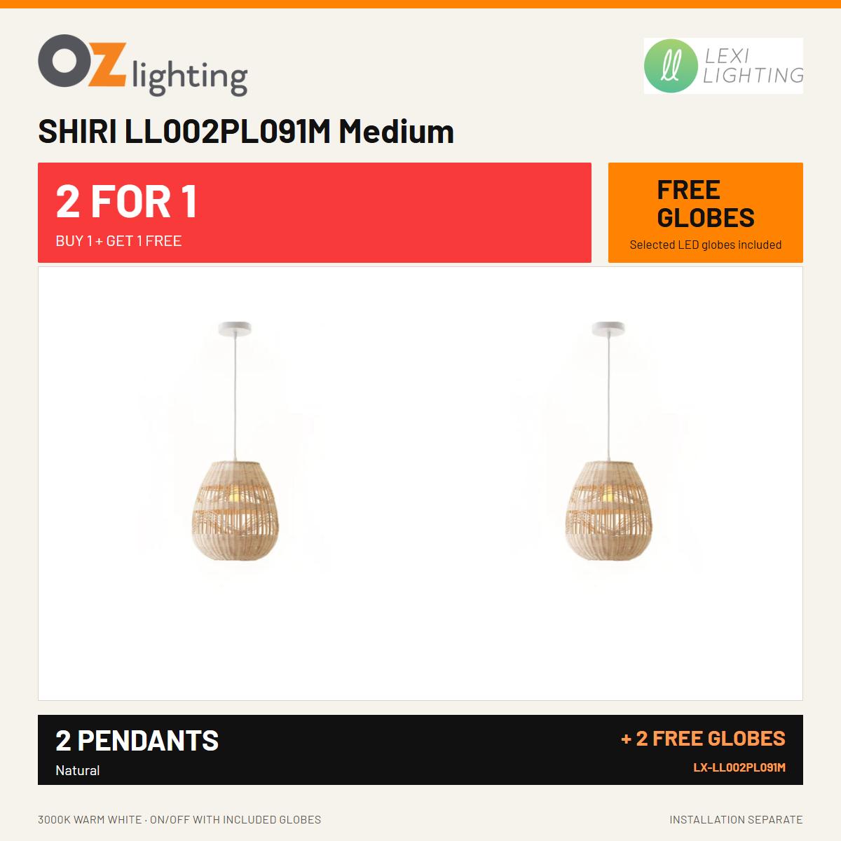 Lexi SHIRI - 1 Light Rattan Pendant - Medium — 2 Pendants for the Price of 1 + 2 FREE LED Globes-Lexi Lighting-Ozlighting.com.au