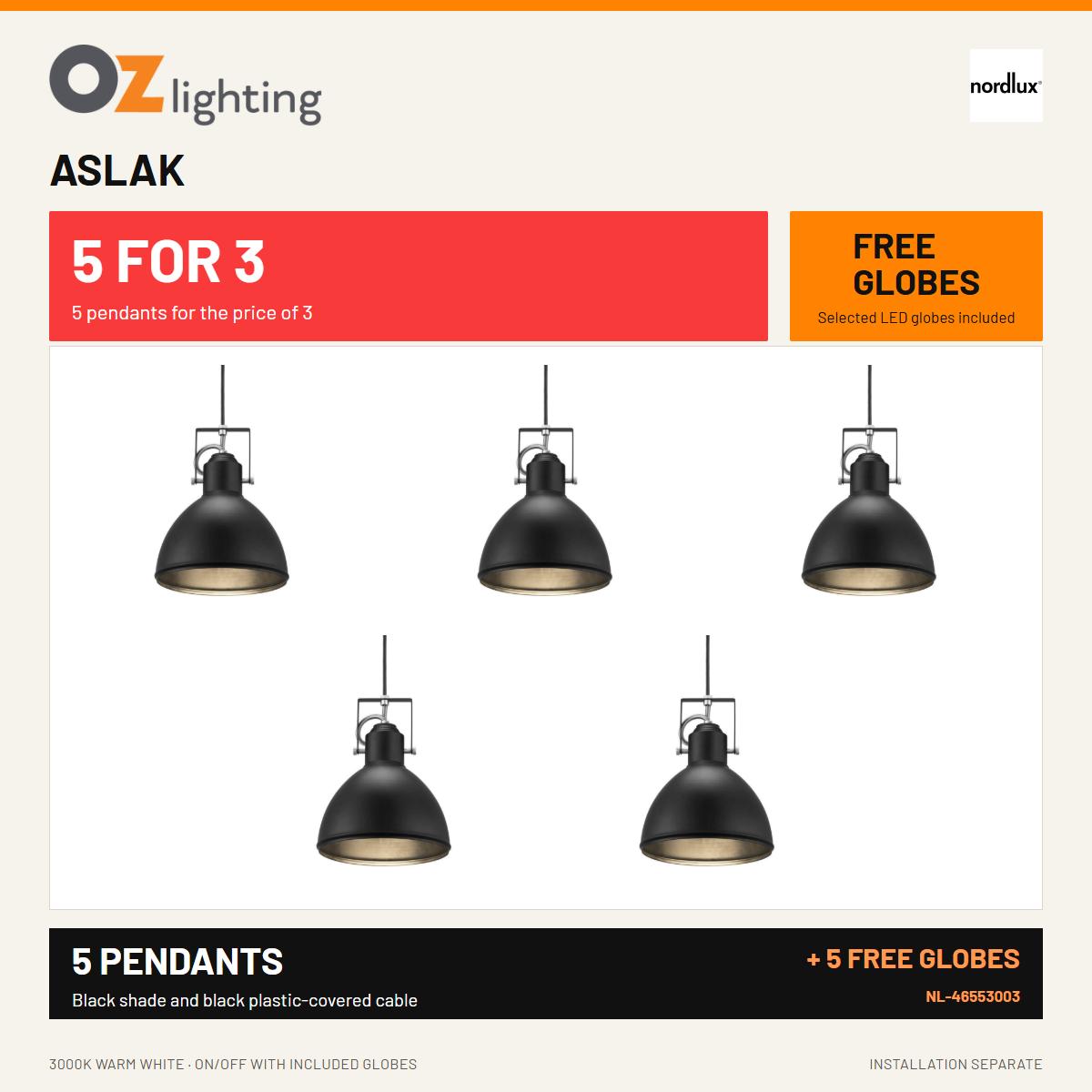 Nordlux ASLAK BLK - 1 Light Pendant — 5 Pendants for the Price of 3 + 5 FREE LED Globes-Nordlux-Ozlighting.com.au