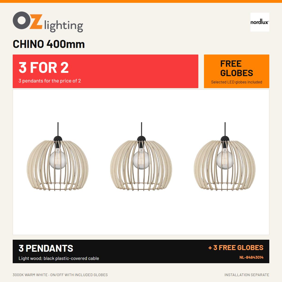 Nordlux CHINO - 1 Light Pendant 400mm — 3 Pendants for the Price of 2 + 3 FREE LED Globes-Nordlux-Ozlighting.com.au