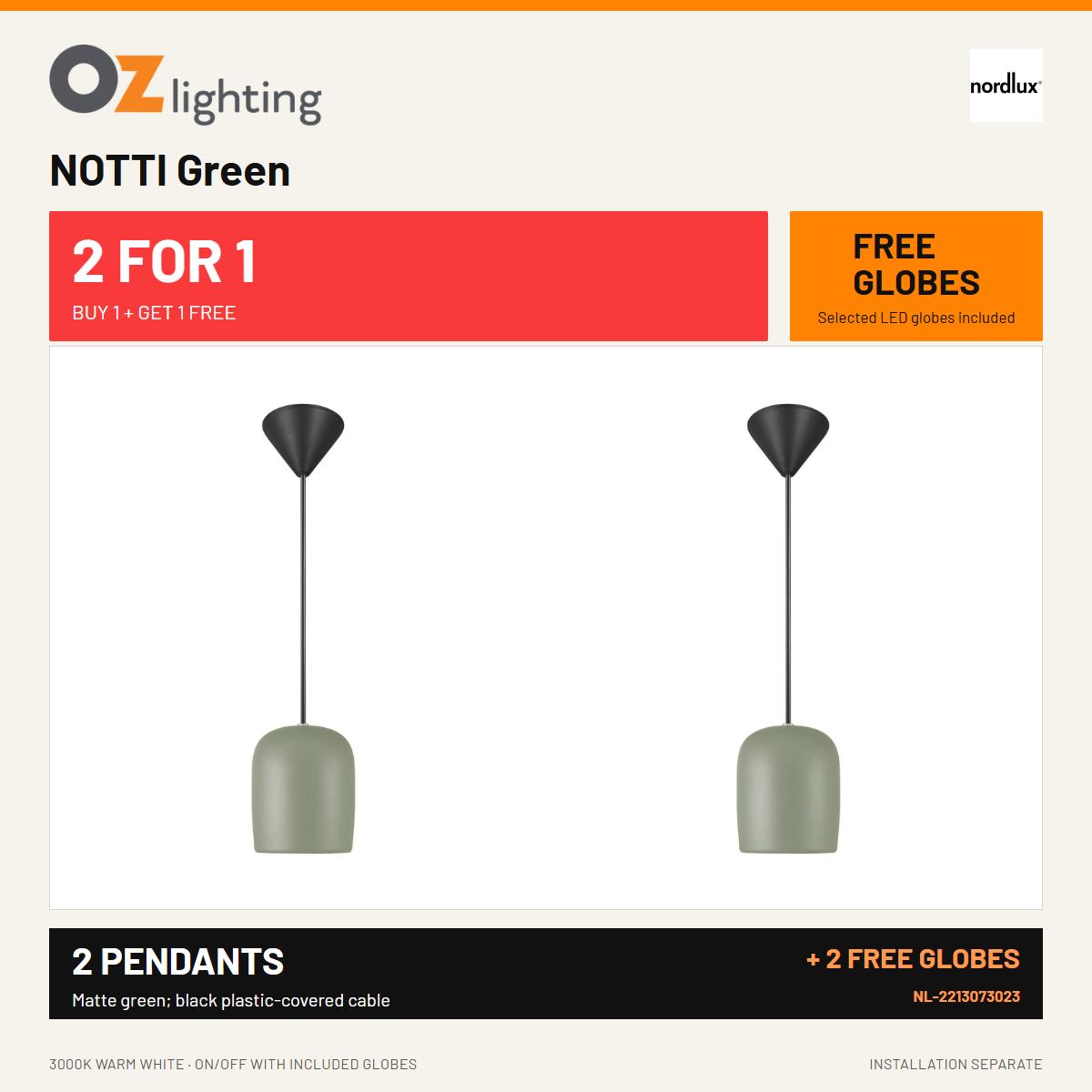 Nordlux NOTTI - 1 Light Minimalist Metal Pendant Green — 2 Pendants for the Price of 1 + 2 FREE LED Globes-Nordlux-Ozlighting.com.au