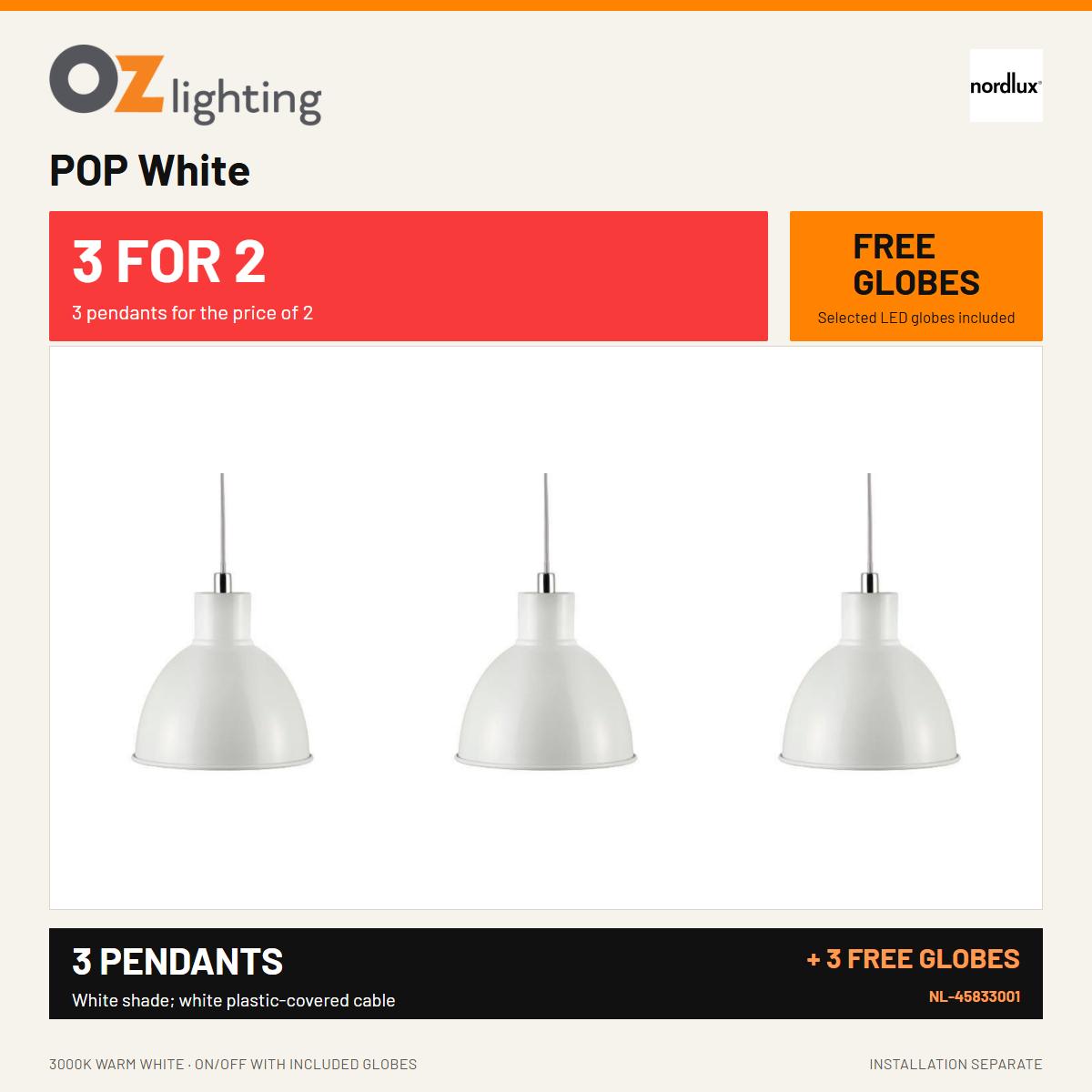 Nordlux POP White - 1 Light Pendant — 3 Pendants for the Price of 2 + 3 FREE LED Globes-Nordlux-Ozlighting.com.au