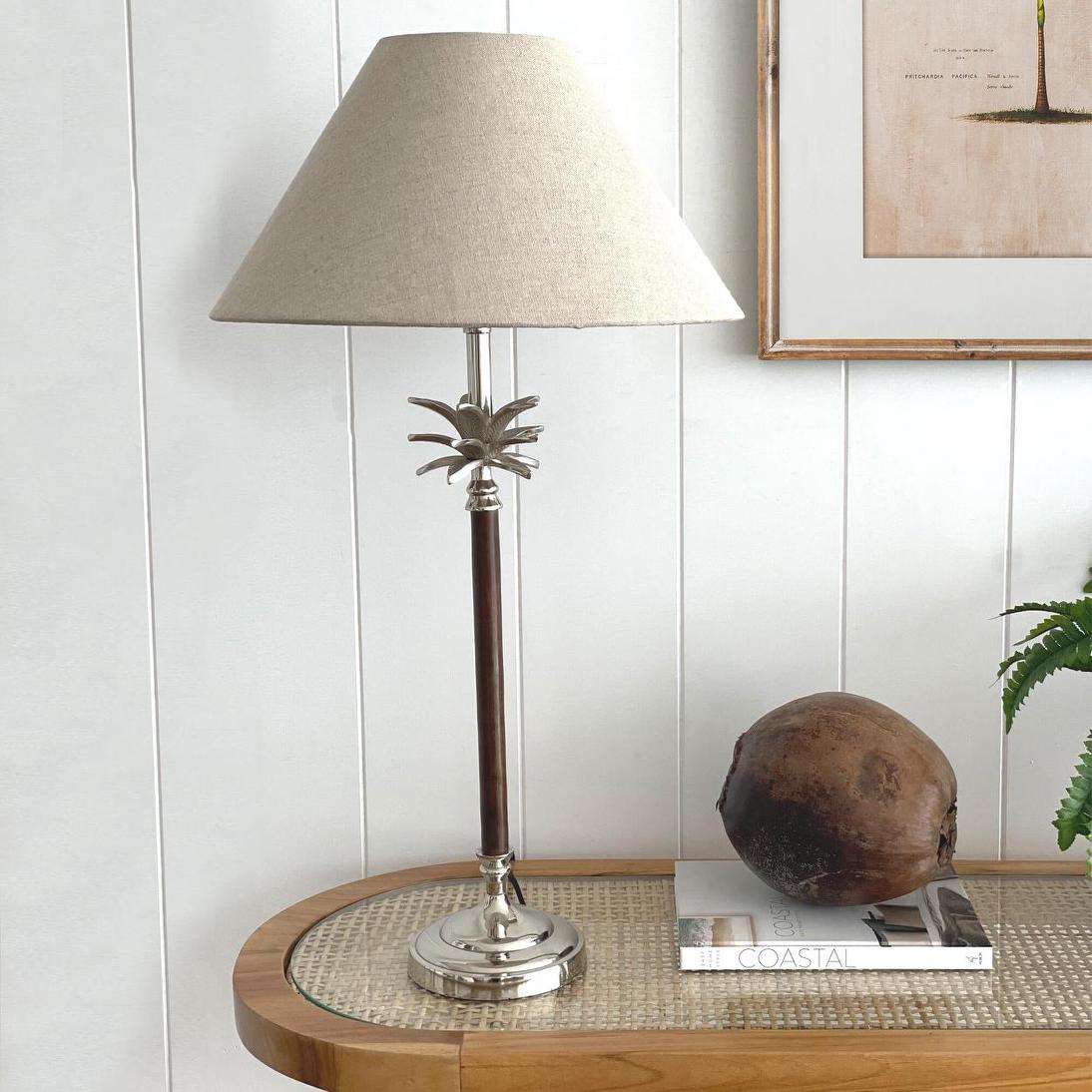 OneWorld Collection PALM Nickel & Wood Table Lamp - Natural Linen Shade-ONEWORLD COLLECTION-Ozlighting.com.au