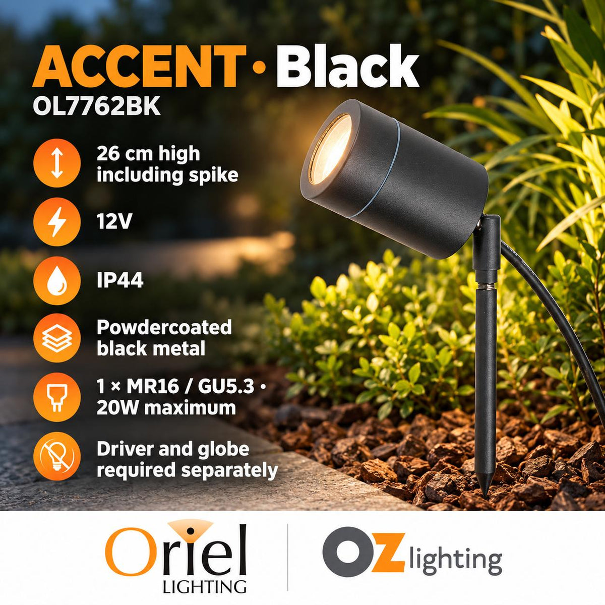 Oriel ACCENT Outdoor Spike Light - 12V Garden, IP44 - DRIVER REQUIRED-Oriel Lighting-Ozlighting.com.au