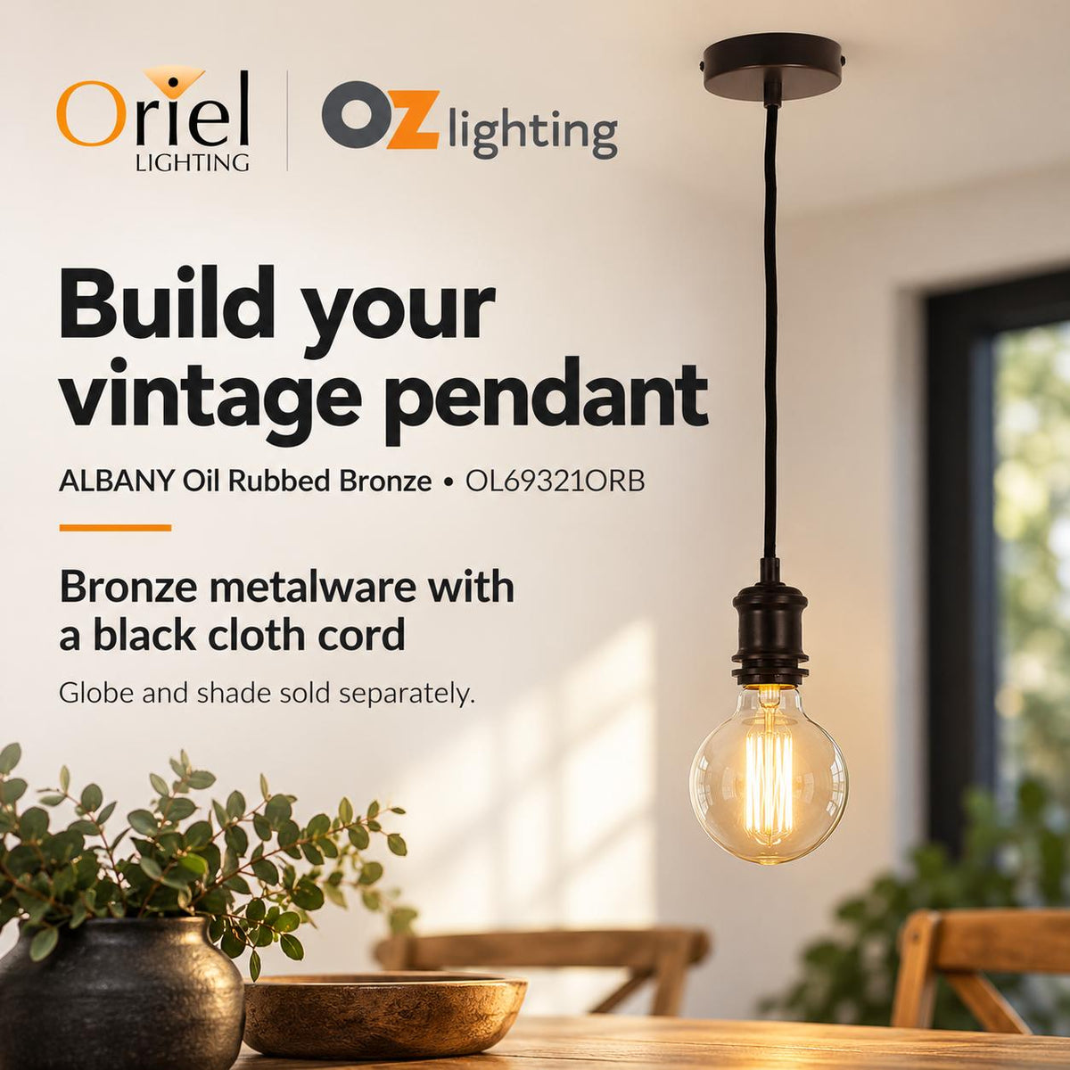 Oriel ALBANY Pendant - Cloth Cord-Oriel Lighting-Ozlighting.com.au