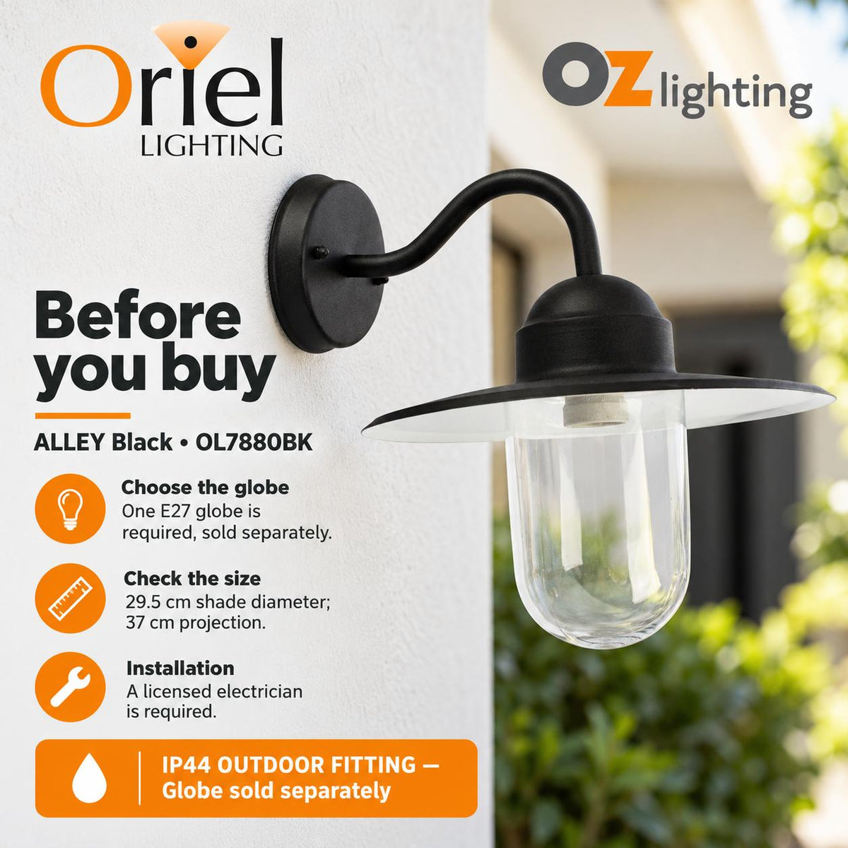 Oriel ALLEY Outdoor Wall Light - 1 Light, IP44-Oriel Lighting-Ozlighting.com.au