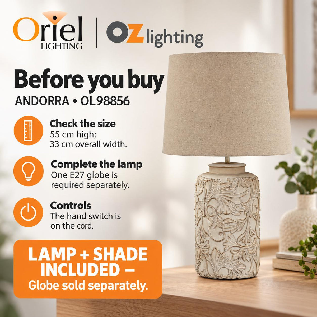 Oriel ANDORRA Table Lamp - Romantic Embossed Floral-Oriel Lighting-Ozlighting.com.au
