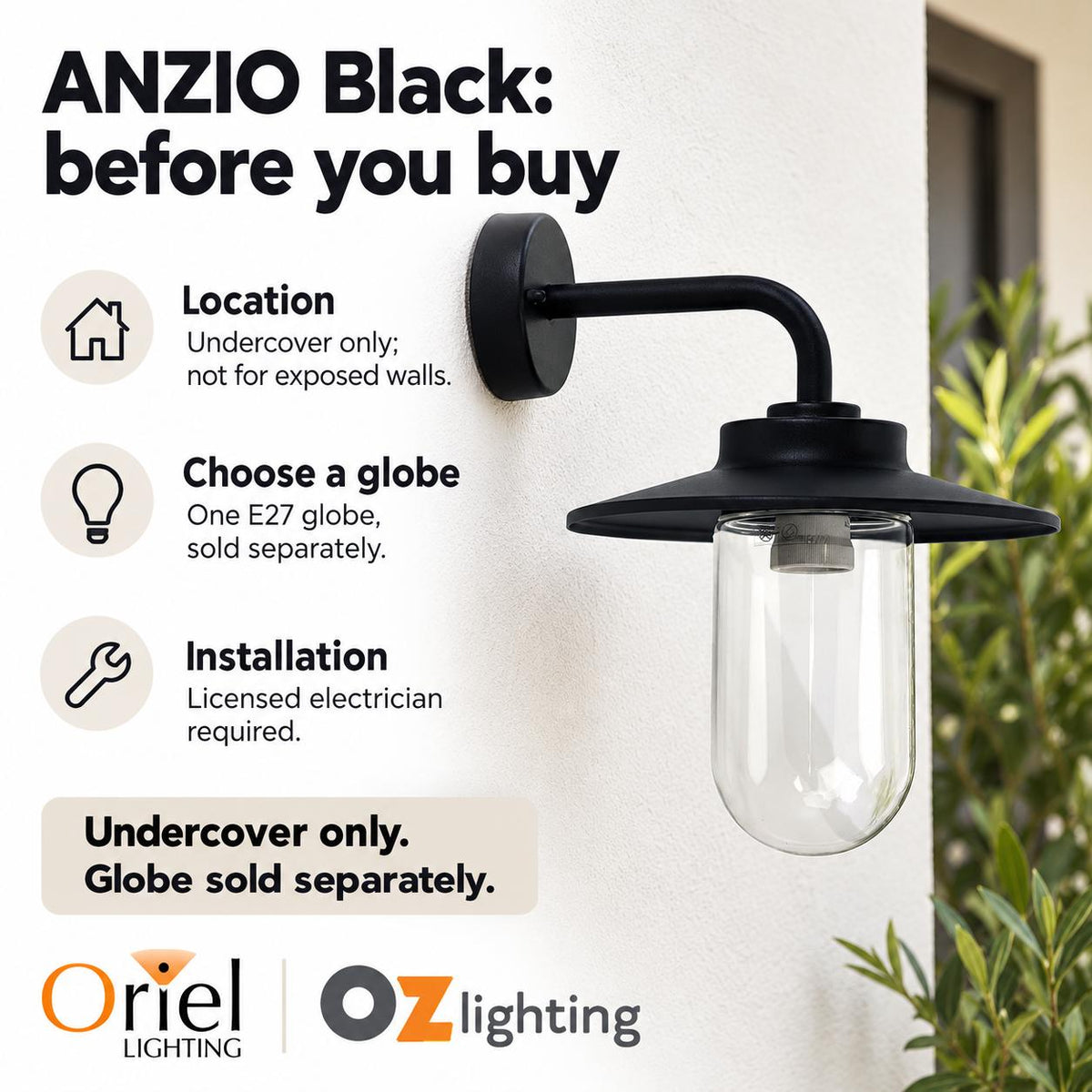 Oriel ANZIO Outdoor Wall Light - 1 Light, IP44-Oriel Lighting-Ozlighting.com.au