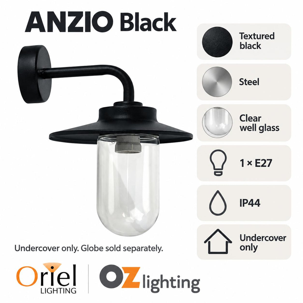 Oriel ANZIO Outdoor Wall Light - 1 Light, IP44-Oriel Lighting-Ozlighting.com.au