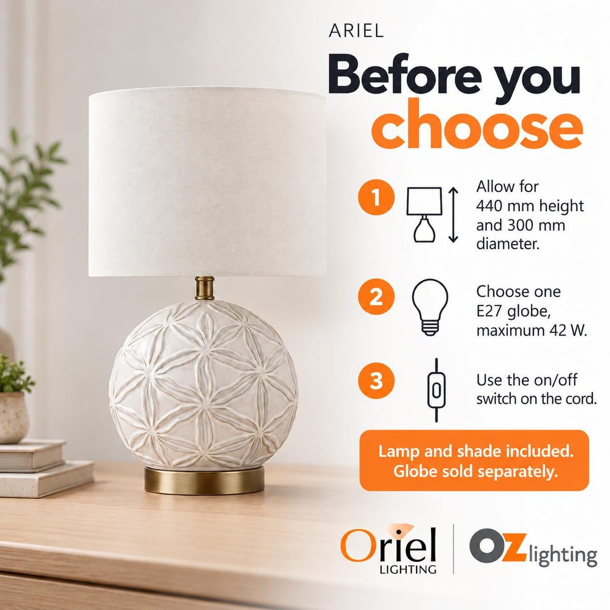 Oriel ARIEL Table Lamp - Ceramic, with Shade-Oriel Lighting-Ozlighting.com.au