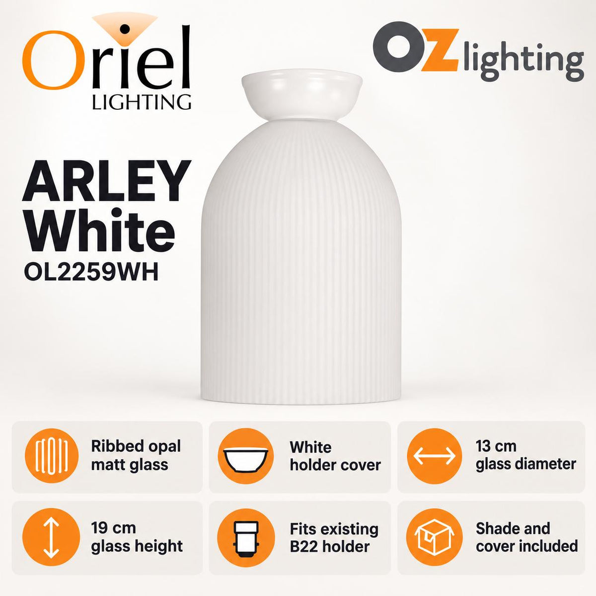 Oriel ARLEY DIY Shade - Max. 60W, Ribbed Glass-Oriel Lighting-Ozlighting.com.au