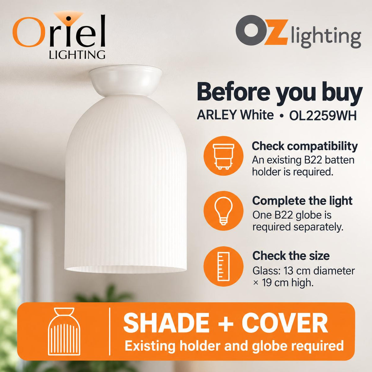 Oriel ARLEY DIY Shade - Max. 60W, Ribbed Glass-Oriel Lighting-Ozlighting.com.au
