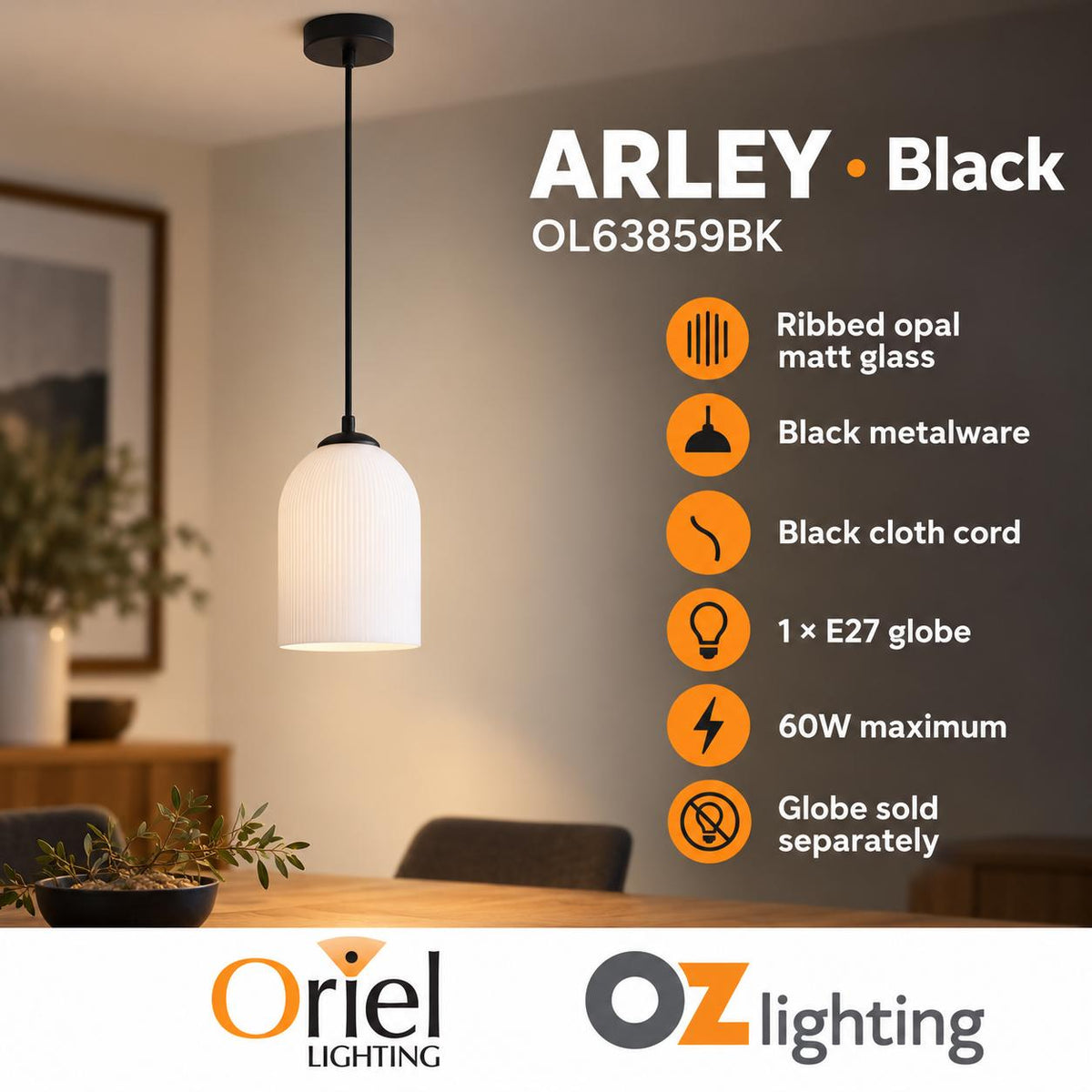 Oriel ARLEY Pendant - 1 Light-Oriel Lighting-Ozlighting.com.au