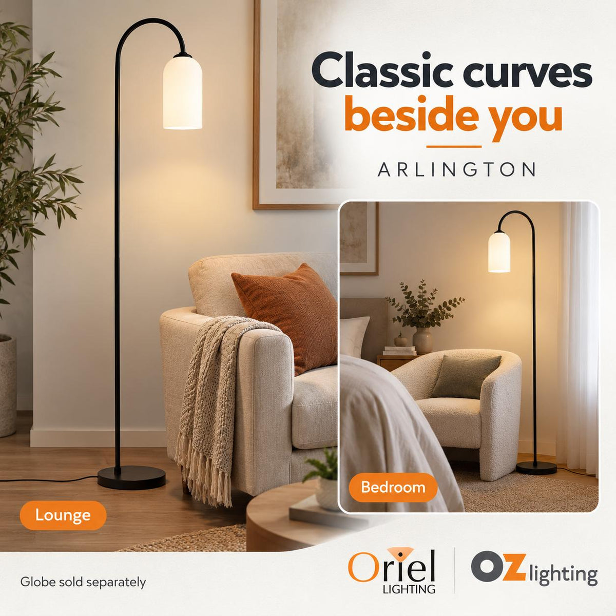 Oriel ARLINGTON Floor Lamp - Black Metal, with Opal Matte Glass Shade-Oriel Lighting-Ozlighting.com.au