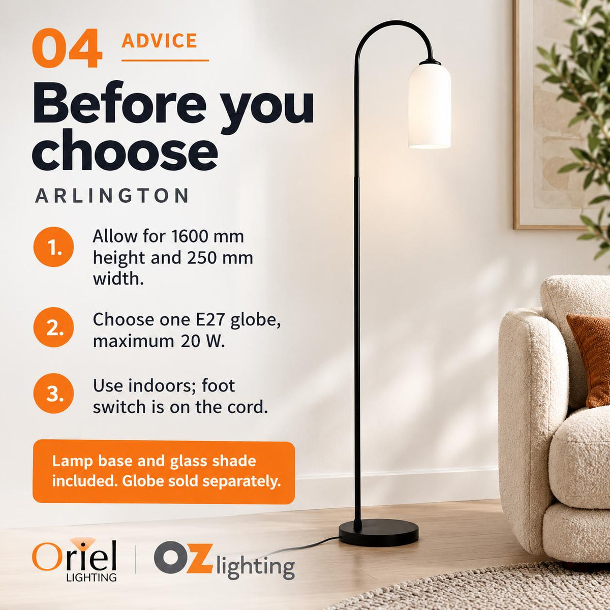 Oriel ARLINGTON Floor Lamp - Black Metal, with Opal Matte Glass Shade-Oriel Lighting-Ozlighting.com.au