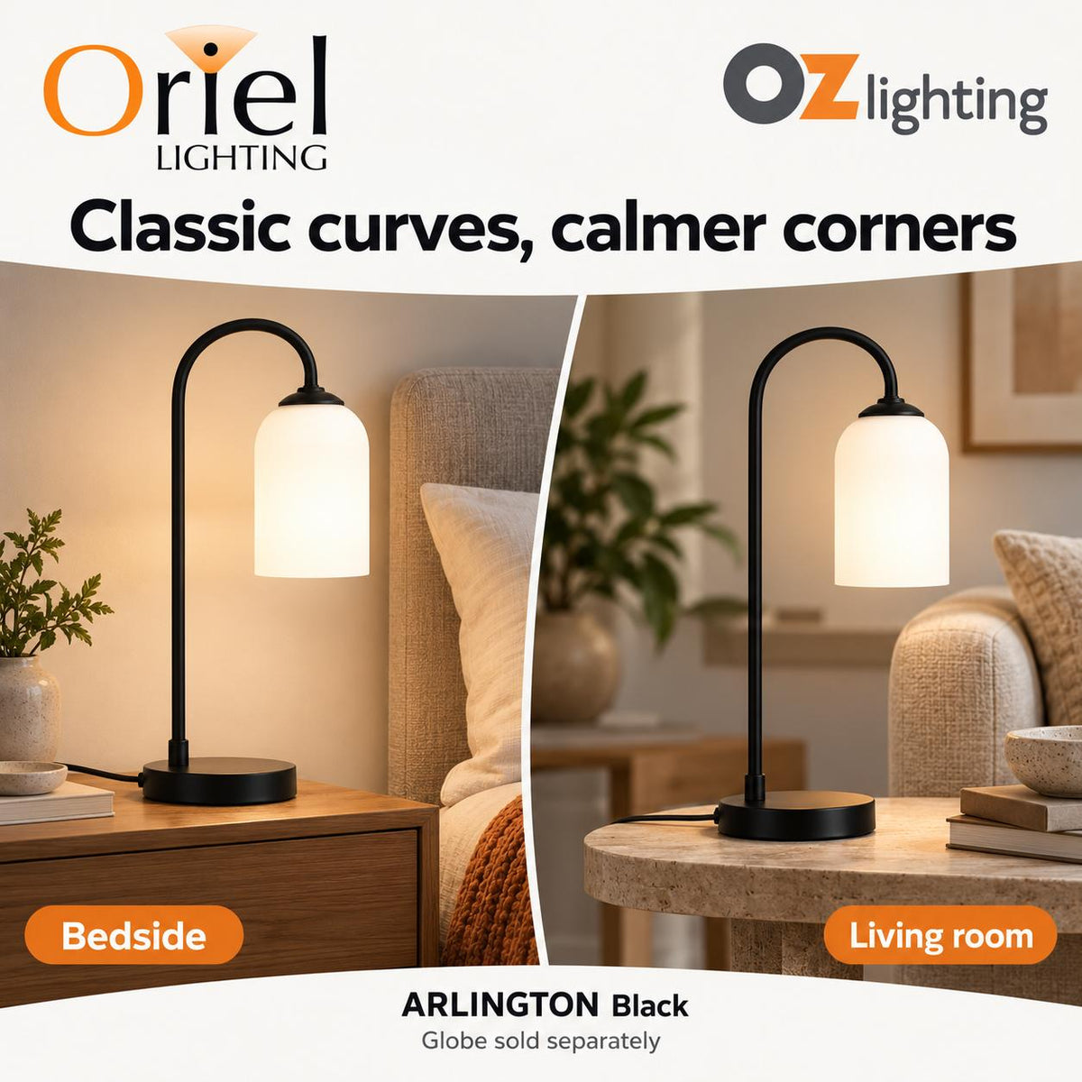 Oriel ARLINGTON Table Lamp - Black Metal, with Opal Matte Glass Shade-Oriel Lighting-Ozlighting.com.au