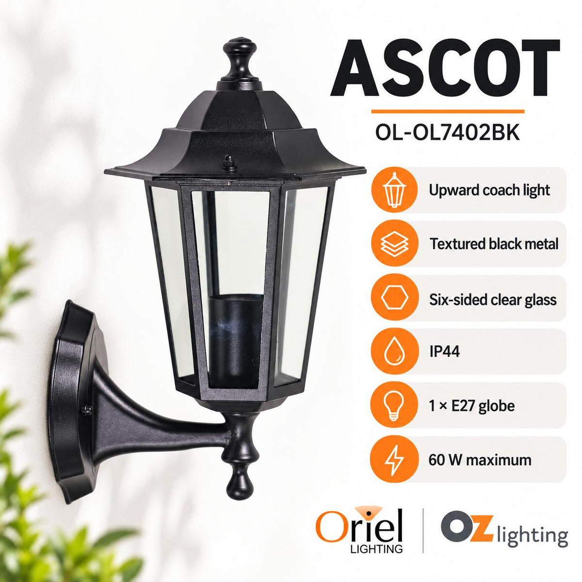 Oriel ASCOT Outdoor Wall Light - Upward, IP44-Oriel Lighting-Ozlighting.com.au