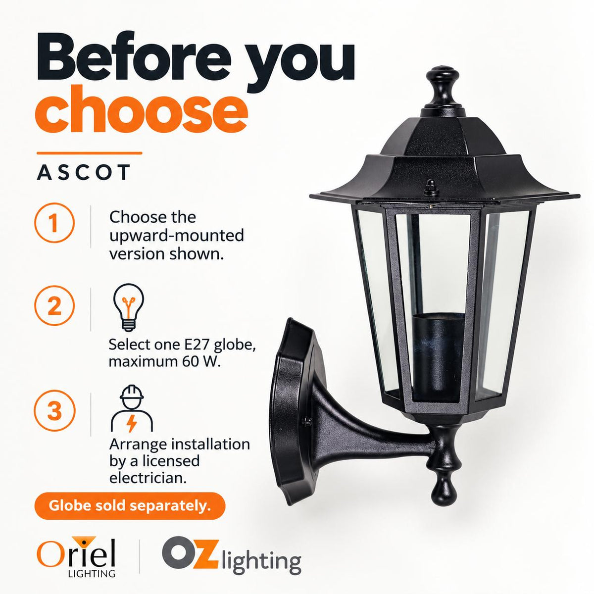 Oriel ASCOT Outdoor Wall Light - Upward, IP44-Oriel Lighting-Ozlighting.com.au