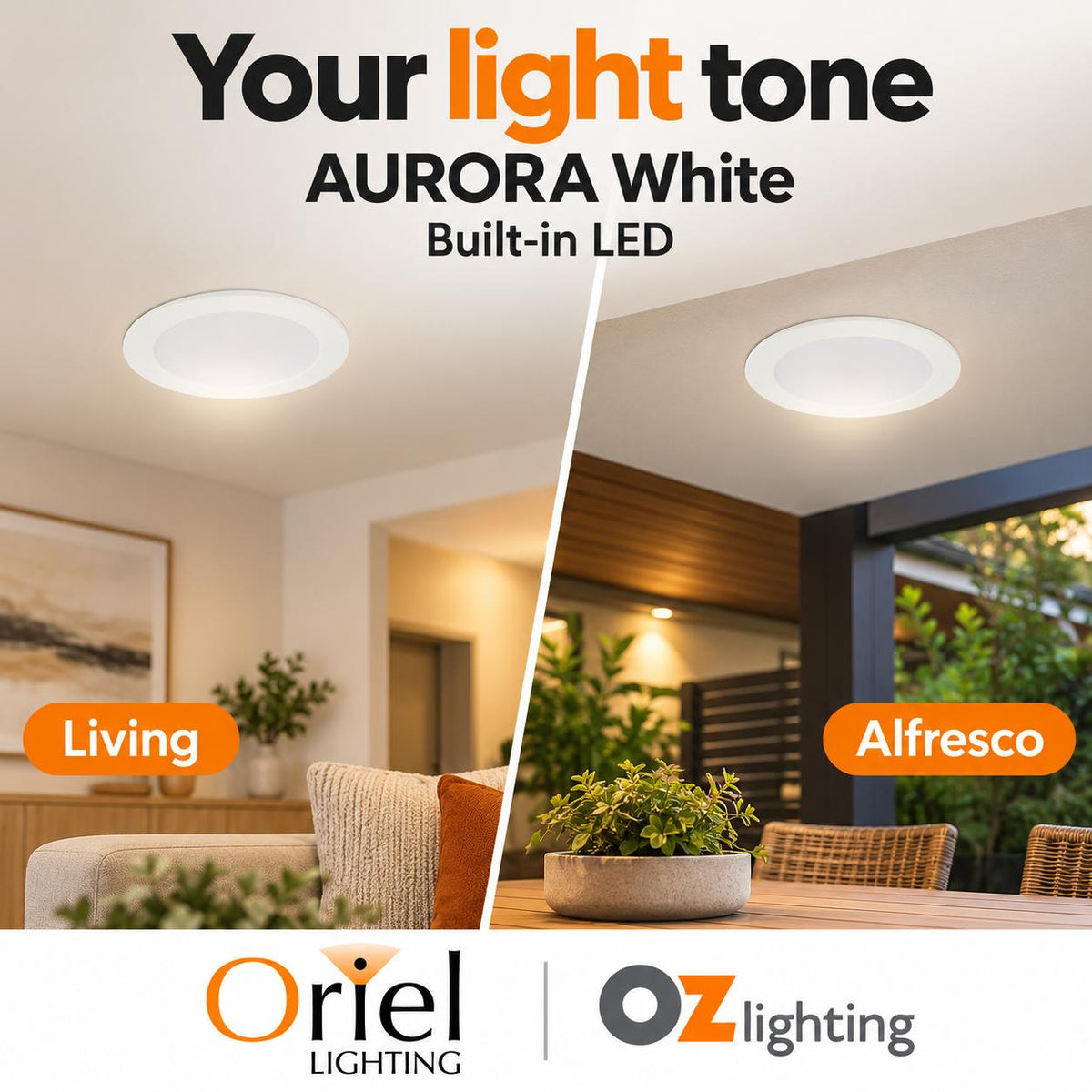 Oriel AURORA LED Downlight - 10W, Tri-Colour Dimmable Flat Face PC, IP44-Oriel Lighting-Ozlighting.com.au