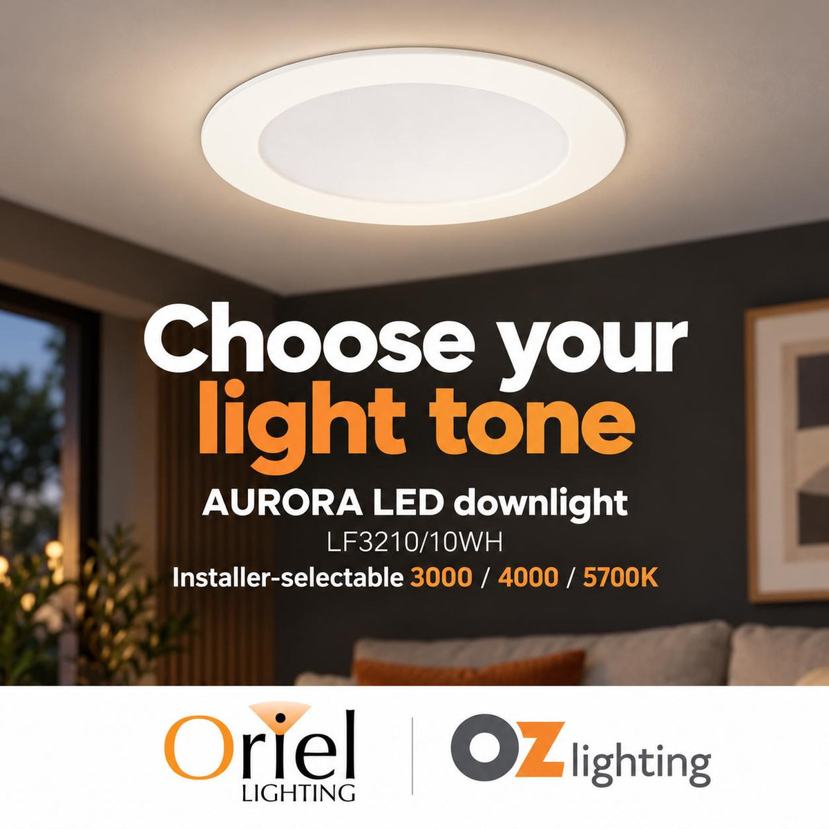 Oriel AURORA LED Downlight - 10W, Tri-Colour Dimmable Flat Face PC, IP44-Oriel Lighting-Ozlighting.com.au
