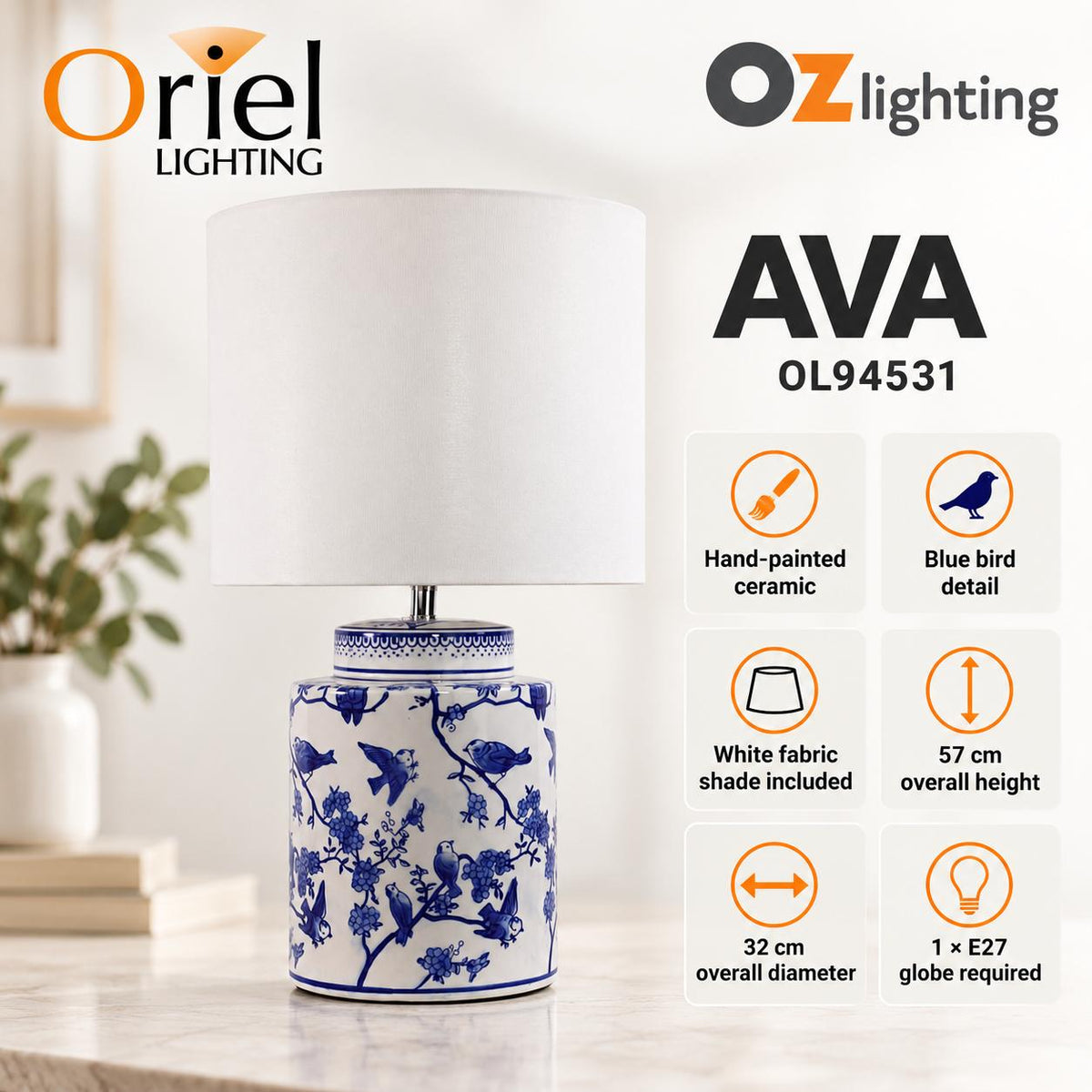 Oriel AVA Table Lamp - Hand Painted Ceramic-Oriel Lighting-Ozlighting.com.au