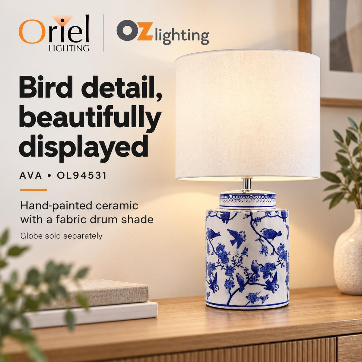 Oriel AVA Table Lamp - Hand Painted Ceramic-Oriel Lighting-Ozlighting.com.au