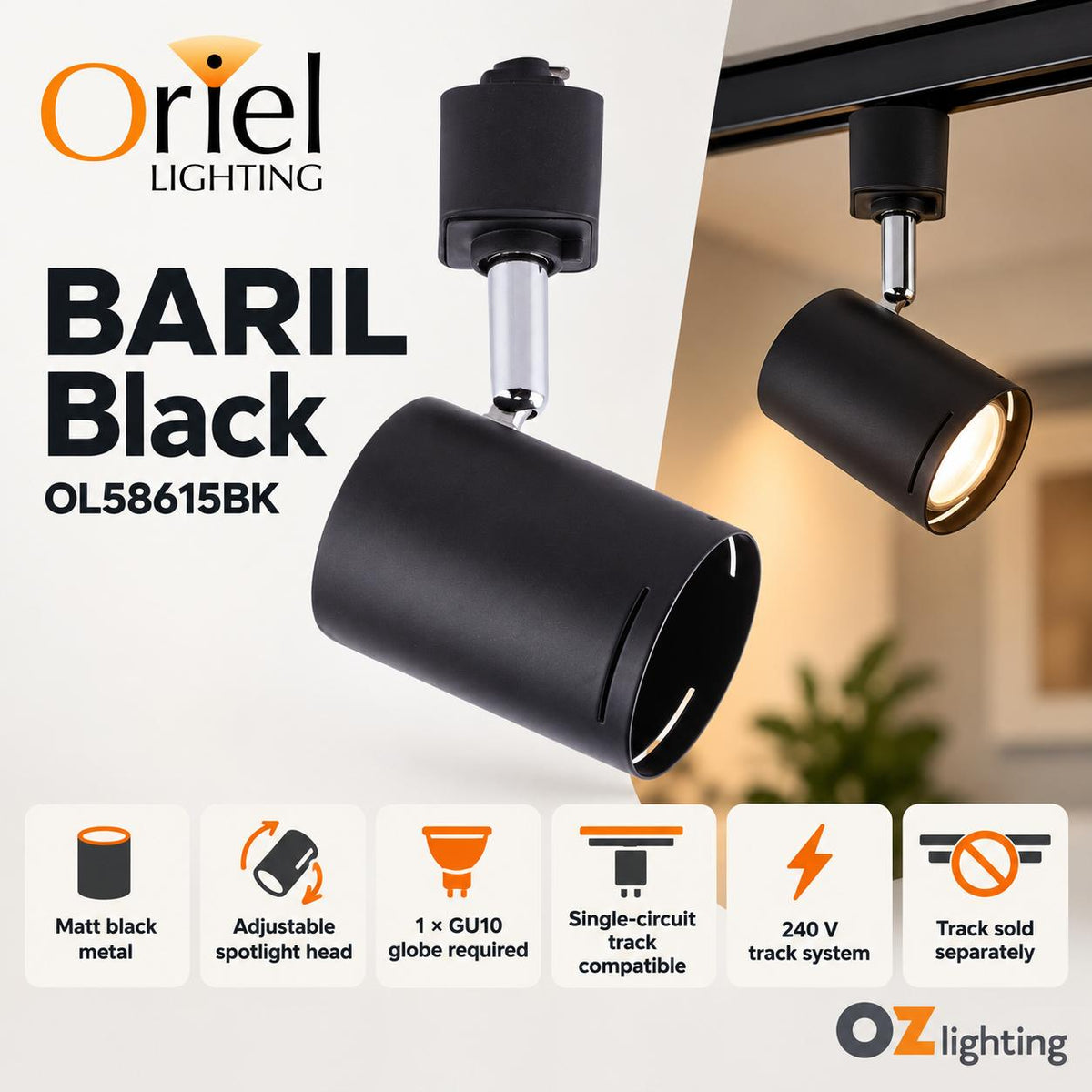 Oriel BARIL Spotlight - GU10 Single Circuit Adjustable Track Mounted Head-Oriel Lighting-Ozlighting.com.au