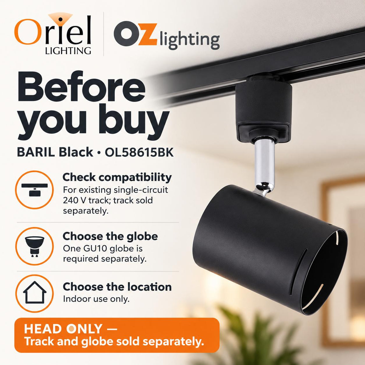 Oriel BARIL Spotlight - GU10 Single Circuit Adjustable Track Mounted Head-Oriel Lighting-Ozlighting.com.au