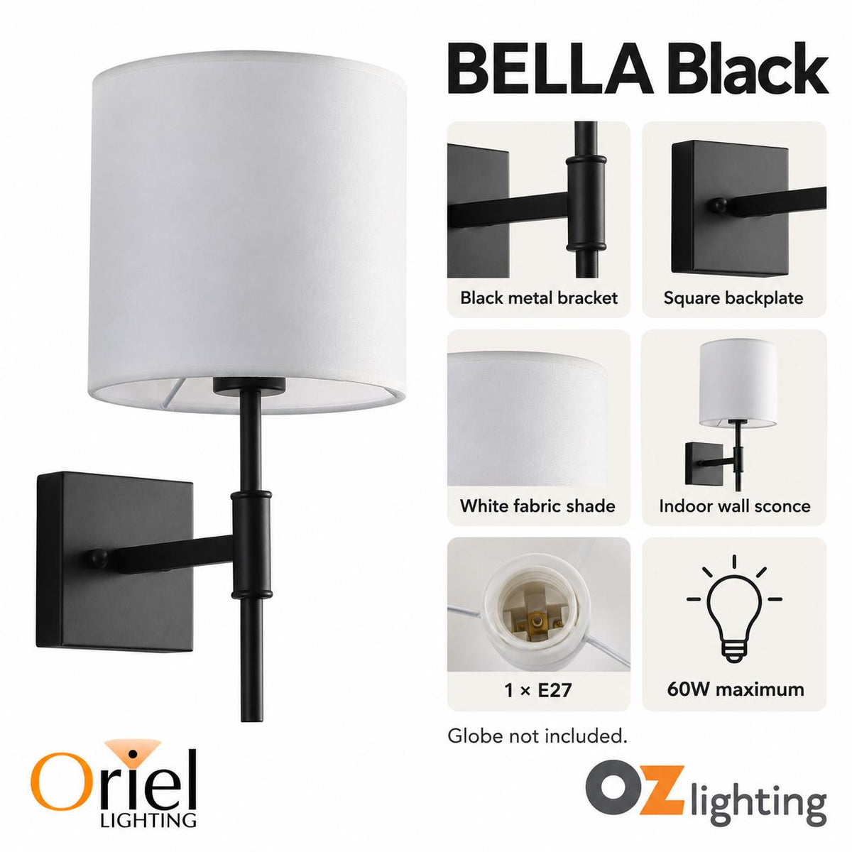 Oriel BELLA Wall Light - Fabric Shade 60W-Oriel Lighting-Ozlighting.com.au