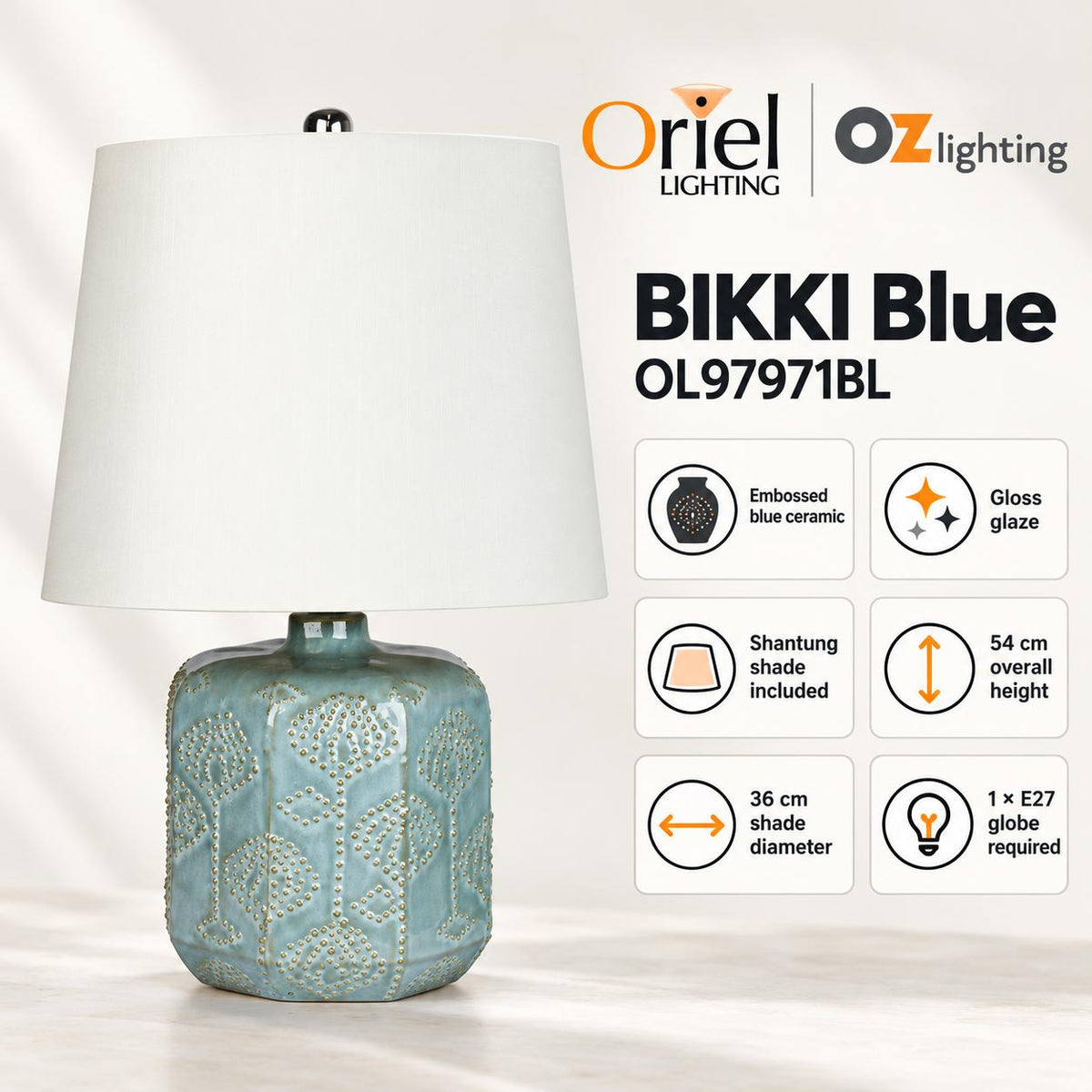 Oriel BIKKI Table Lamp - Embossed Ceramic, Harp Shade, E27-Oriel Lighting-Ozlighting.com.au
