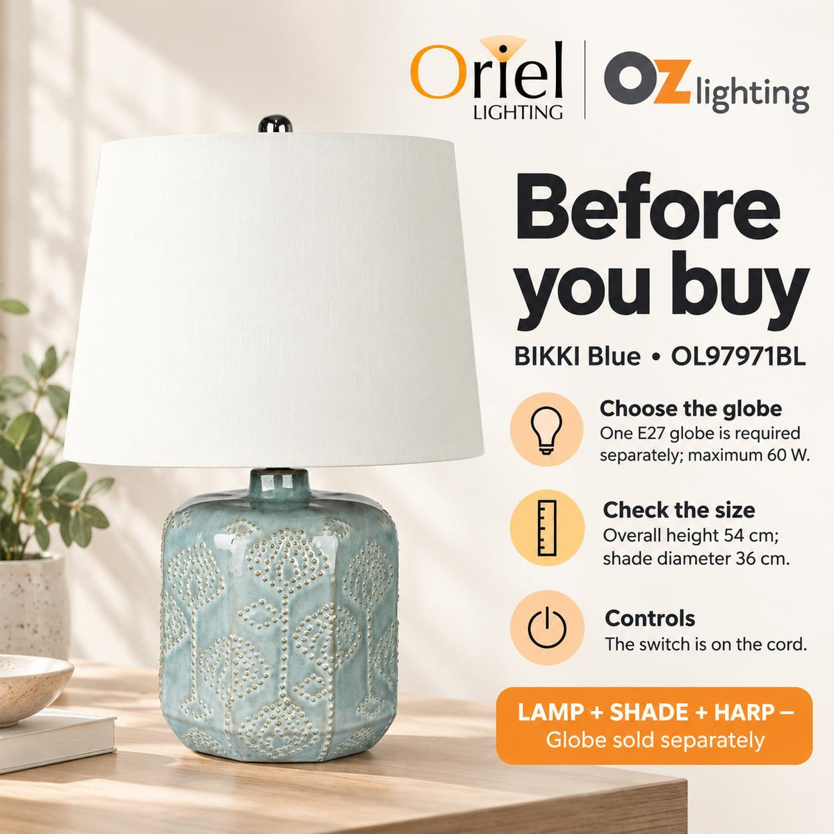 Oriel BIKKI Table Lamp - Embossed Ceramic, Harp Shade, E27-Oriel Lighting-Ozlighting.com.au