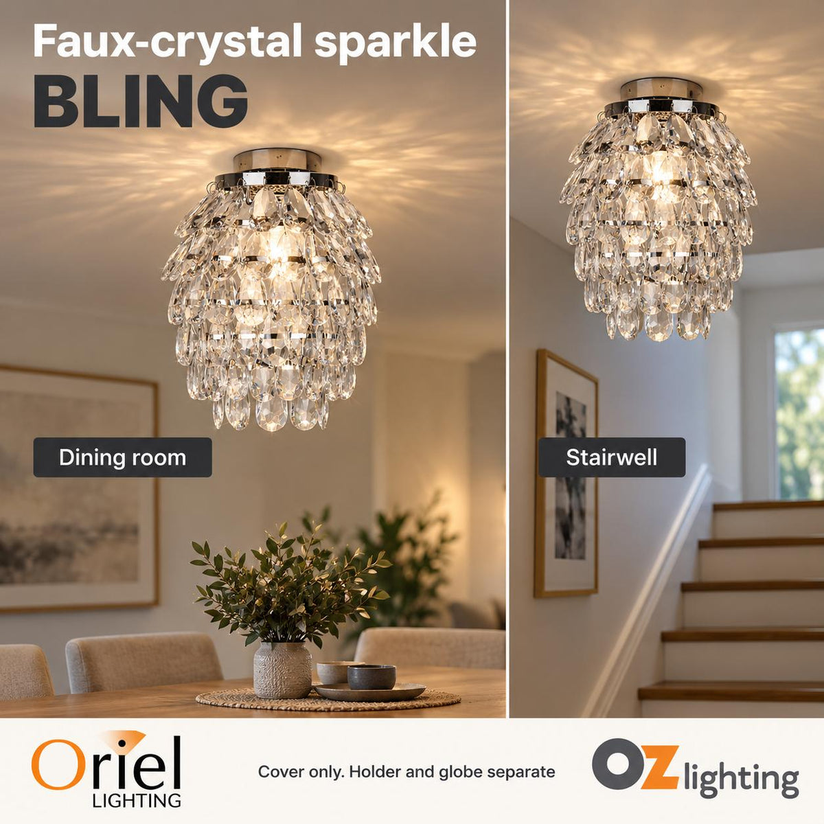Oriel BLING DIY Batten Fix - Holder Cover Glass Faux Crystal Drop Ceiling Light Shade Only-Oriel Lighting-Ozlighting.com.au